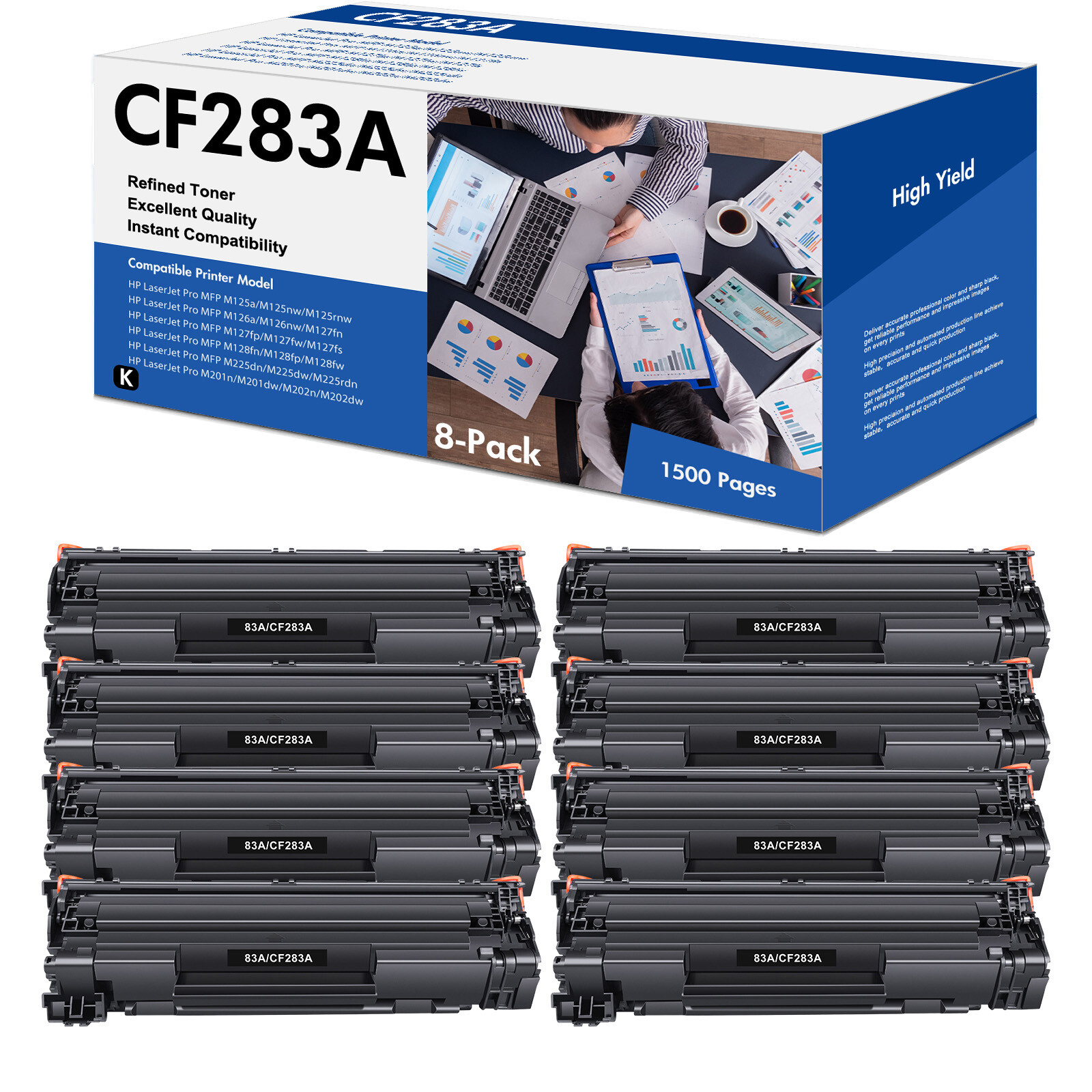8 PACK CF283A Toner Compatible with HP LaserJet MFP M127fw M127fn M125nw M225dn