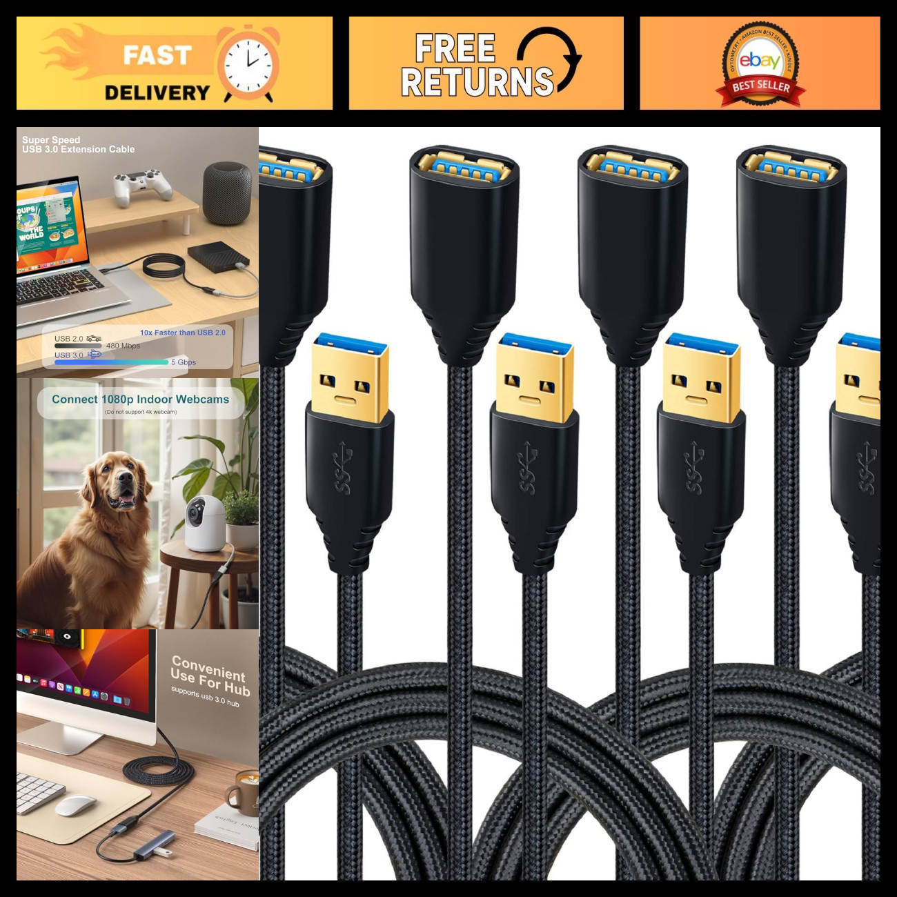 USB 3.0 Extension Cable 4-Pack, 6ft Braided USB A Male to Female Cord, 5Gbps Dat