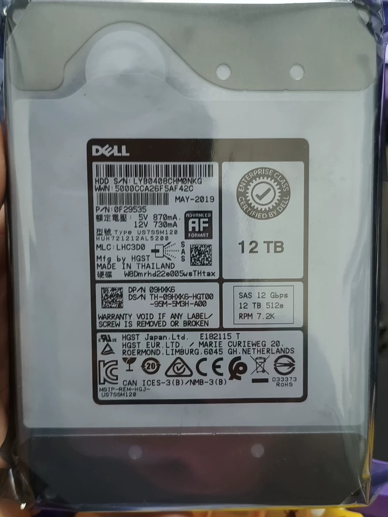 09HXK6 FOR Dell 9HXK6 HUH721212AL5200 12TB 3.5'' 512e SAS 7.2K 12Gbps Hard Drive