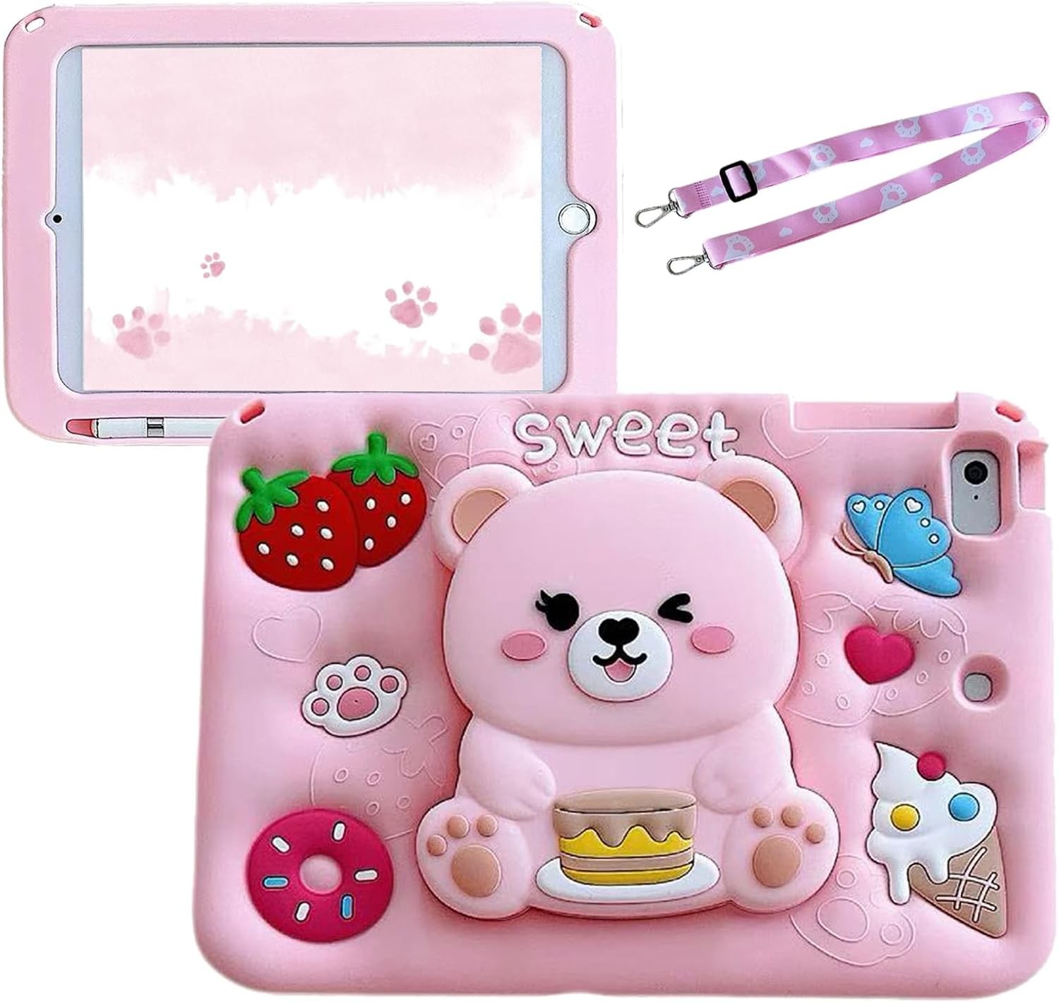 Cute 3D Kawaii Bear Silicone Cover Case for 2023 Galaxy Tab A9+ 11 Inch with Str