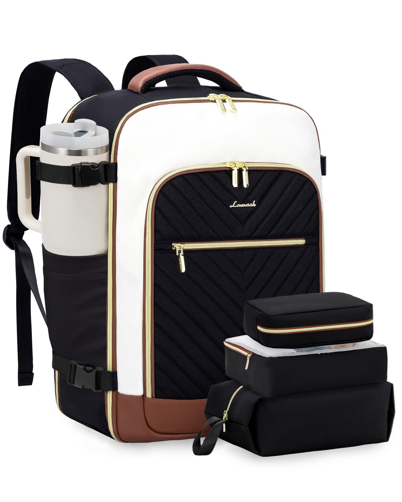LOVEVOOK Large Travel Backpack for Women, TSA 40L-4Pcs, Black - Beige - Brown
