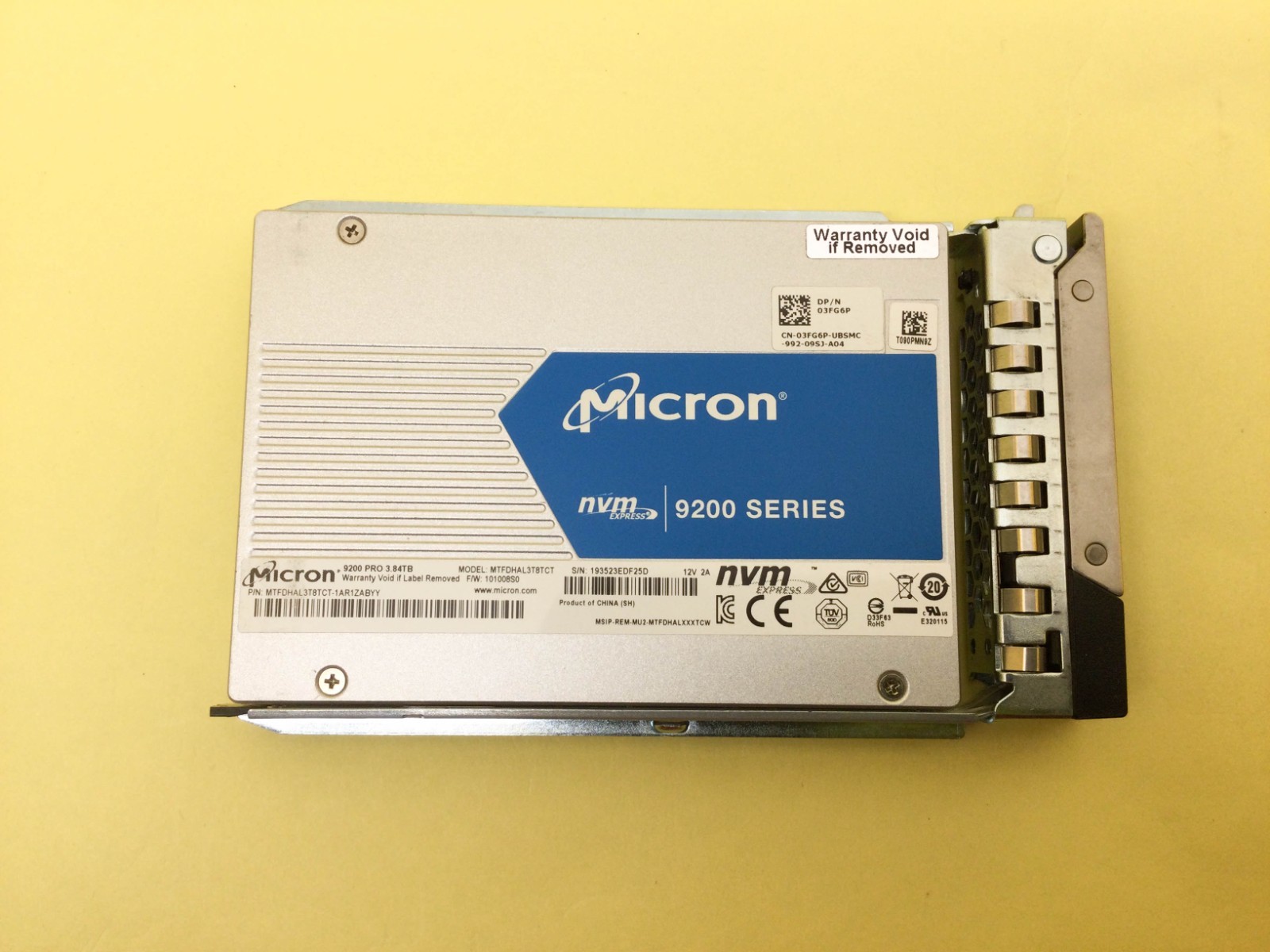 3FG6P Dell Micron 9200 PRO 3.84TB PCIe NVME U.2 2.5in SSD 03FG6P MTFDHAL3T8TCT
