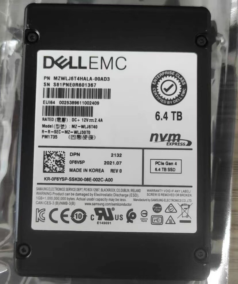 6.4TB SSD Samsung PM1735 U.2 MZ-WLJ6T40 MZWLJ6T4HALA-00AD3 0F6V5P DELL EMC NVME