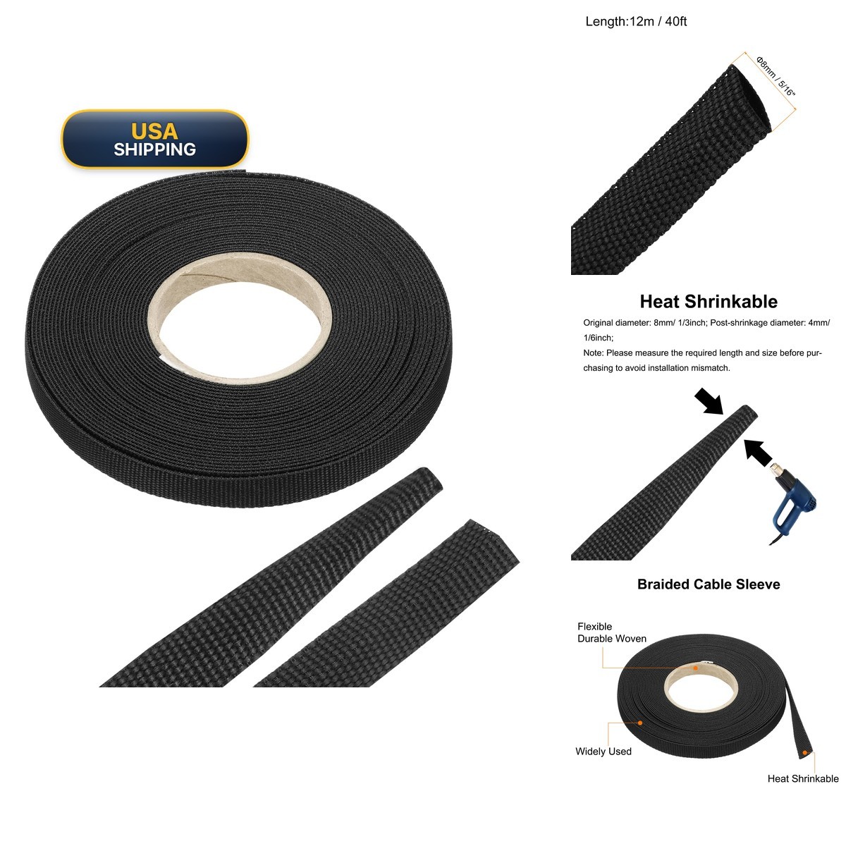 MECCANIXITY Braided Cable Sleeves 5/16" 40ft Black Heat Shrinkable Fabric