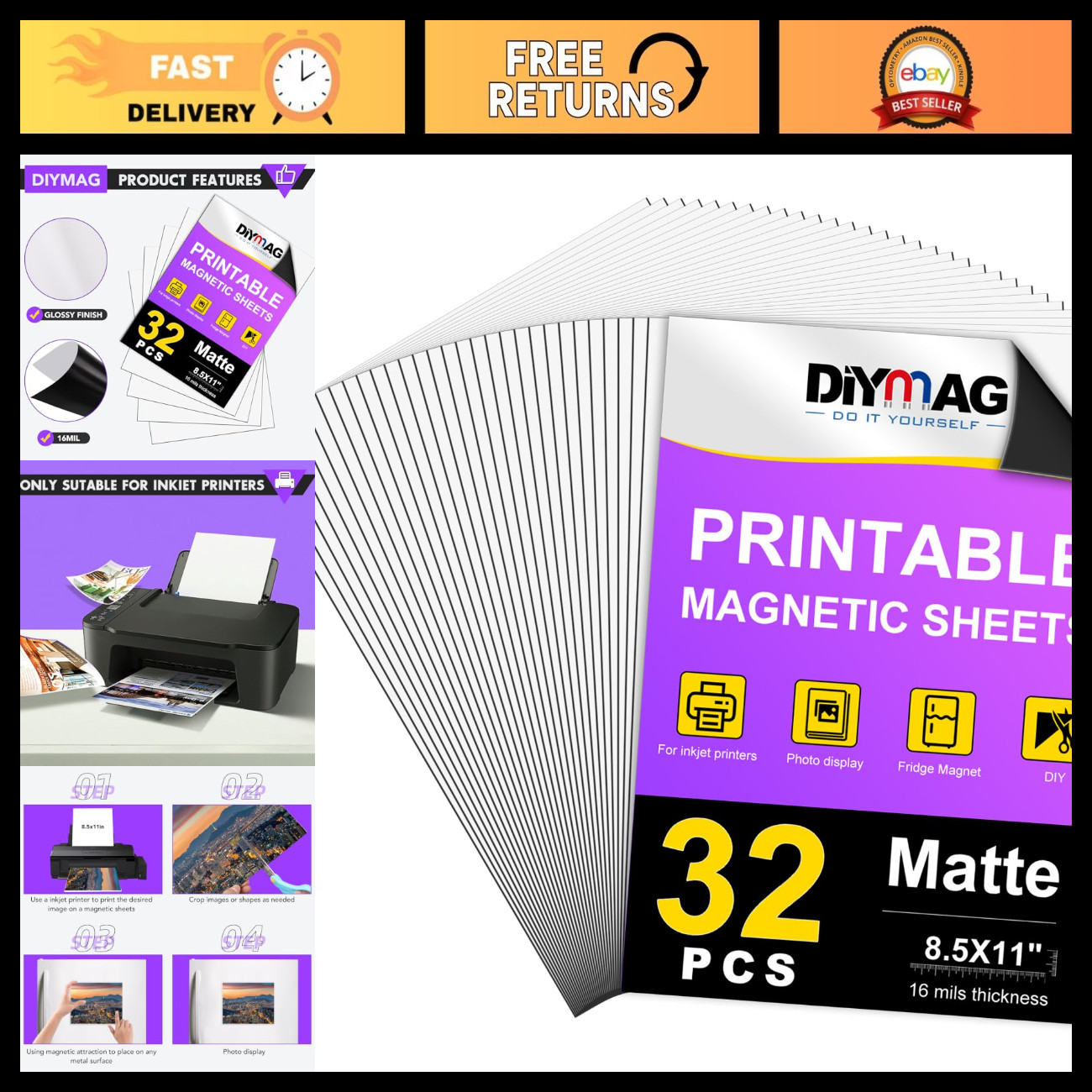 Magnetic Printable Sheets 32 Pack, Matte Finish 8.5"x11" for Inkjet Printing