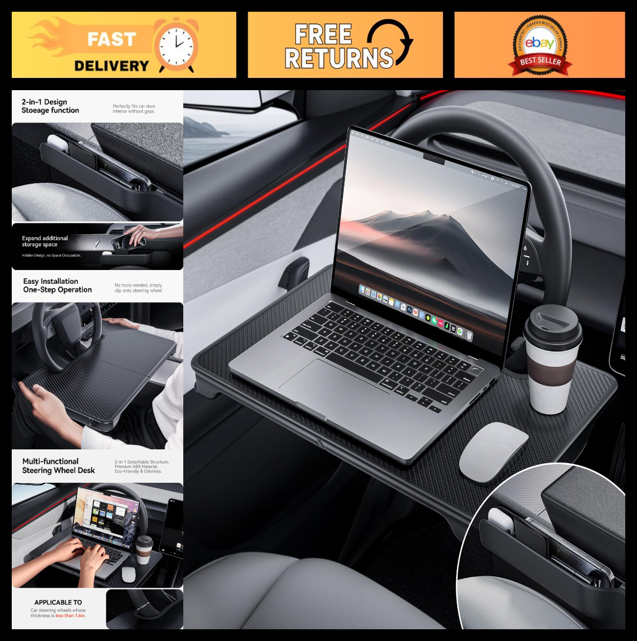 2-in-1 Car Steering Wheel Desk Tray & Seat Gap Organizer - Foldable Laptop Table