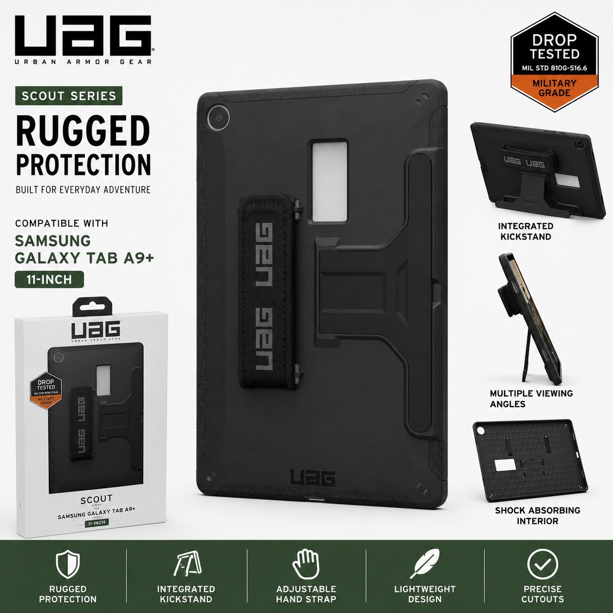 UAG Scout Case Samsung Galaxy Tab A9+ 11" w/ Kickstand Hand Strap Black New