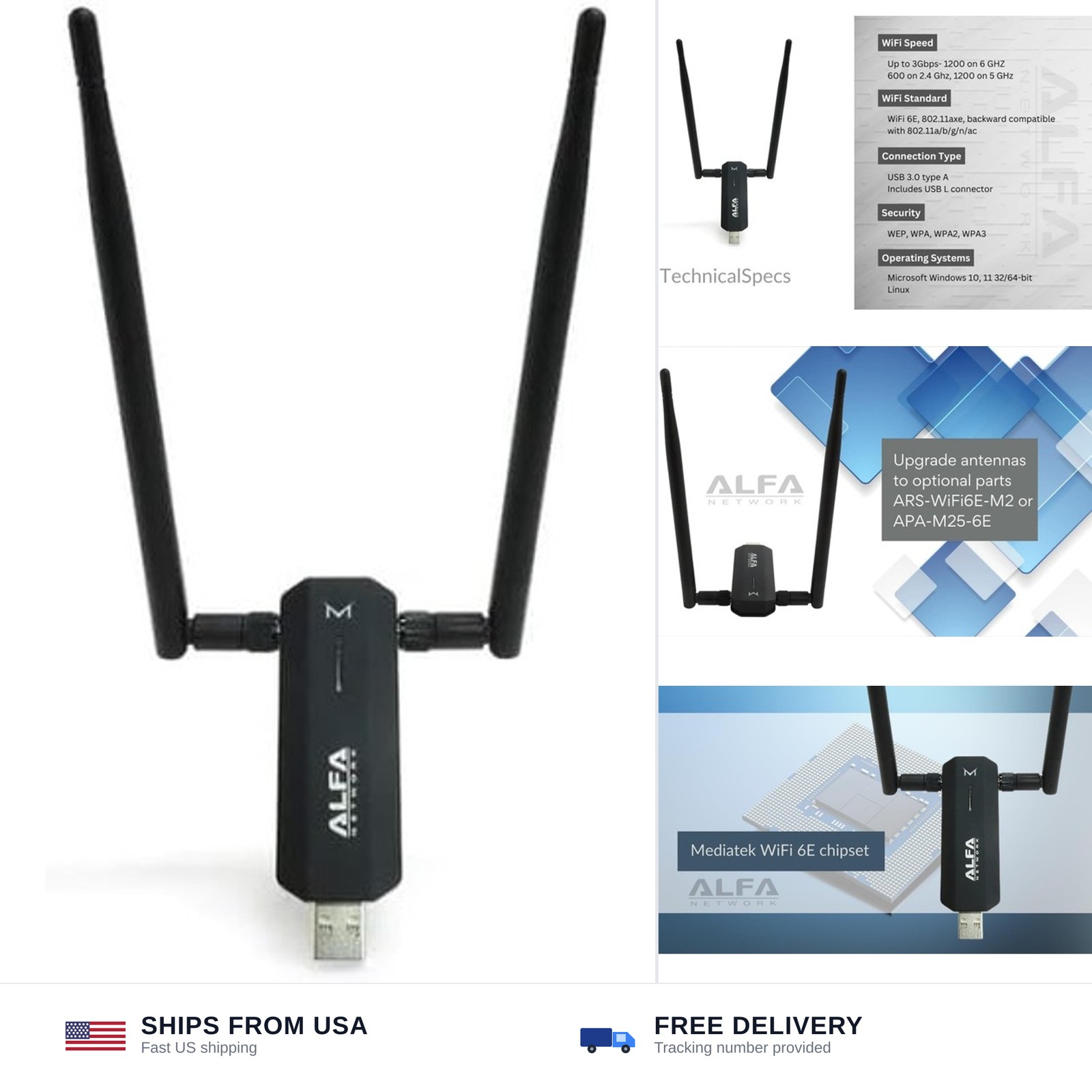 ALFA AWUS036AXM WiFi 6E USB 3.0 USB Adapter, AXE3000 Tri-Band 6Ghz/5.8GHz/2.4...