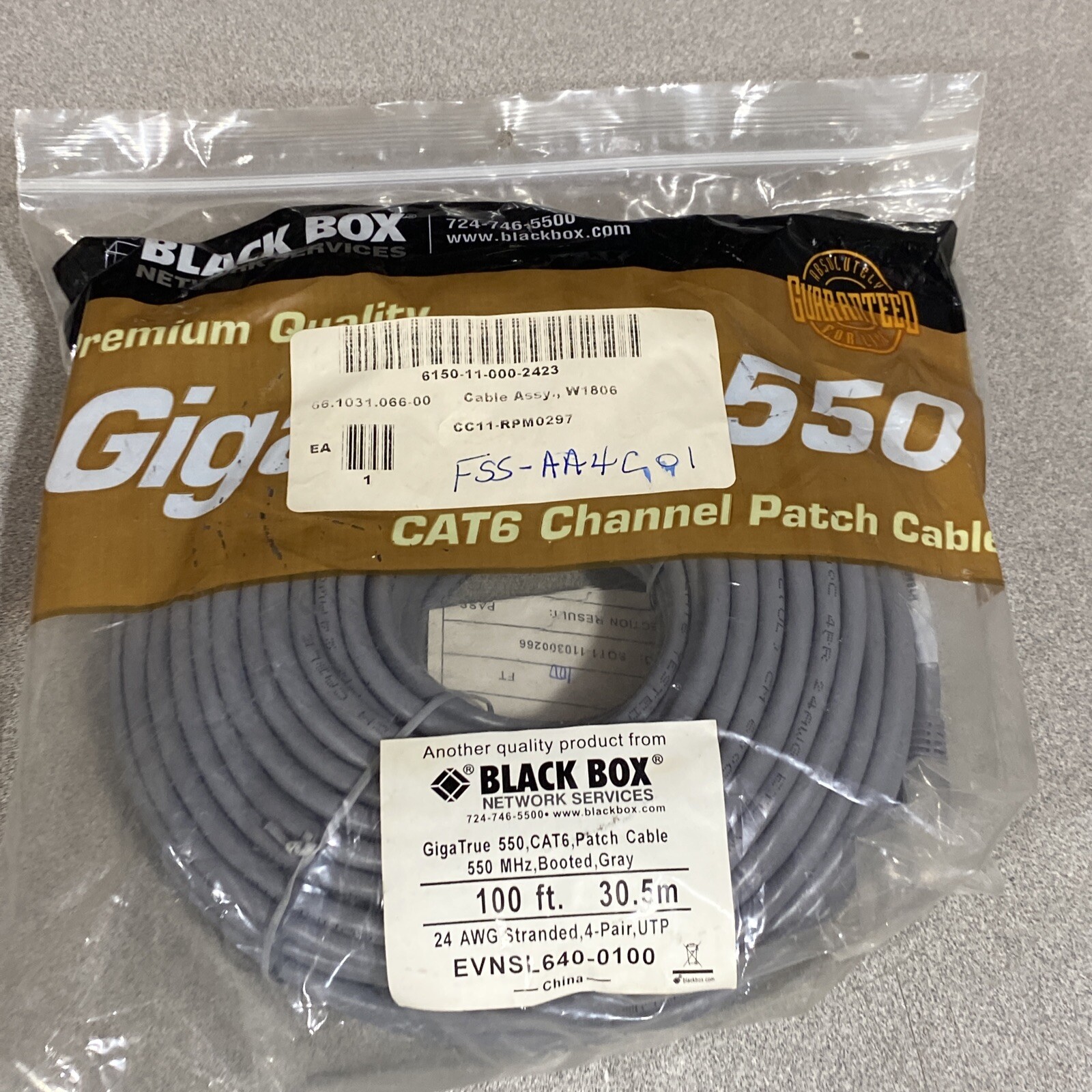 100’ Black Box Cat6 Patch Cord Cable B550 MHz Gray, 24 AWG - EVNSL640-0100