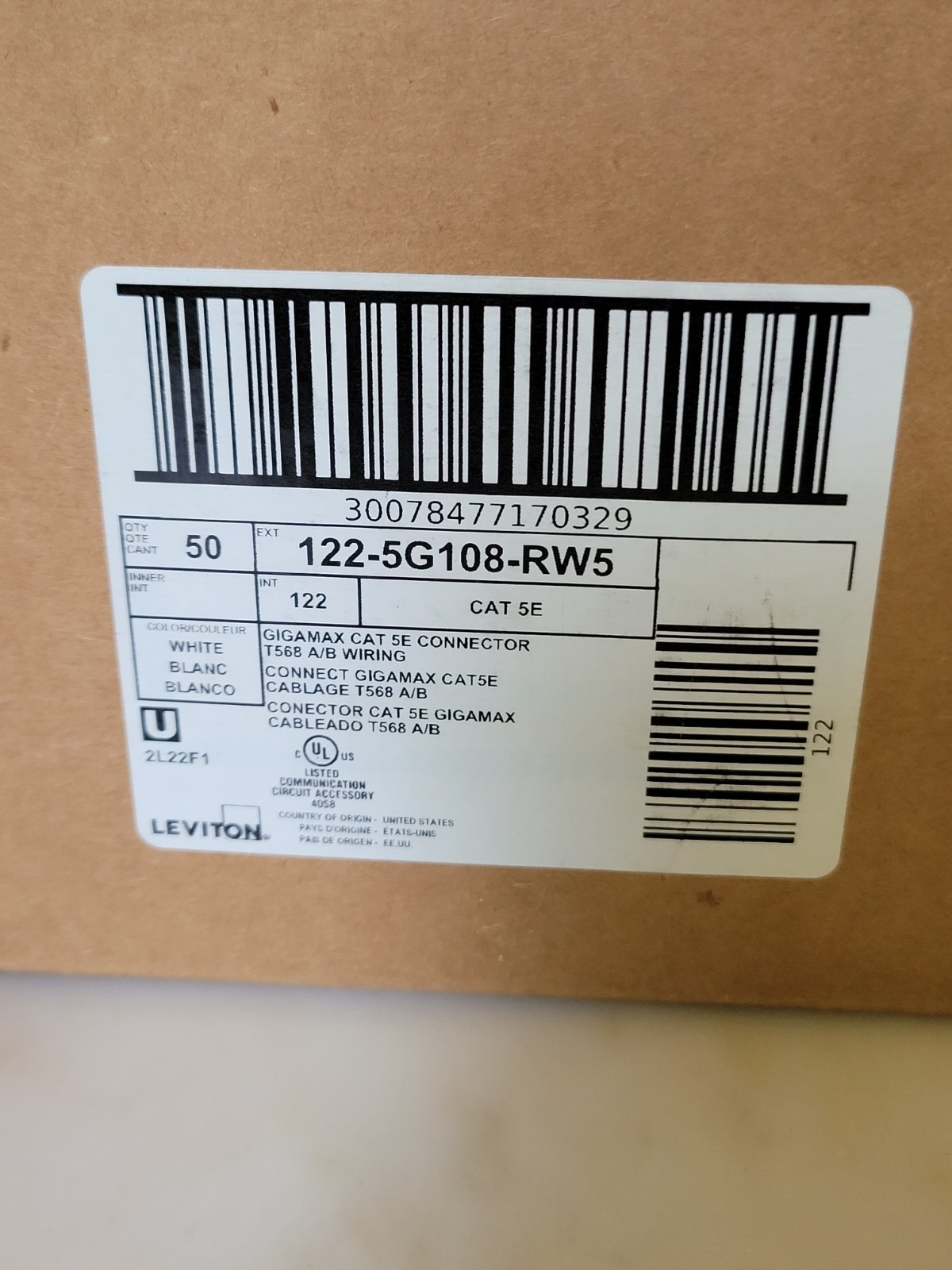 Leviton 5G108-RO5 Gigamax Snap in Connector Cat 5e Orange Jack 50-Pack Box