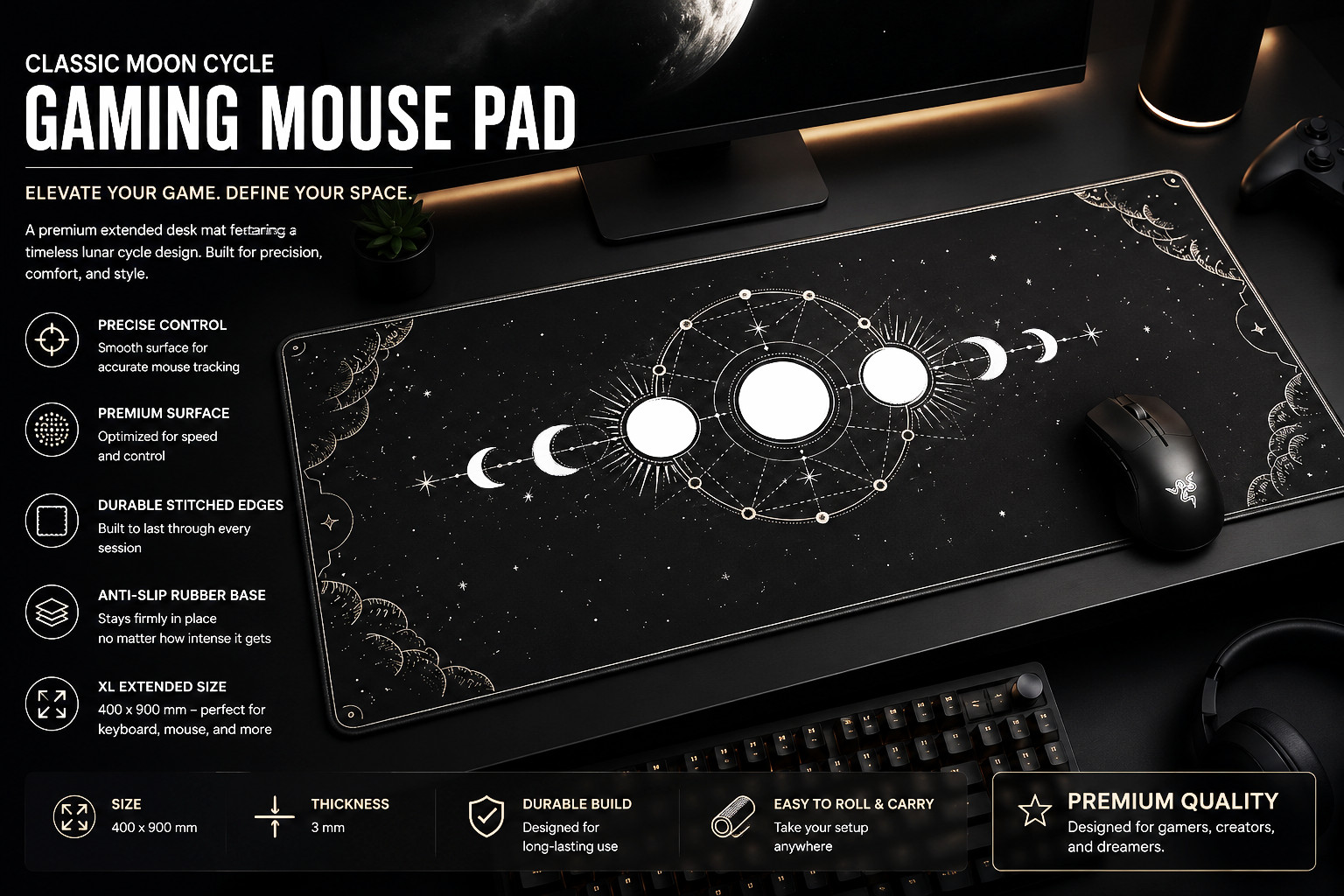 Celestial Moon Phases Desk Mat White | 400x900mm XL Gaming Mouse Pad