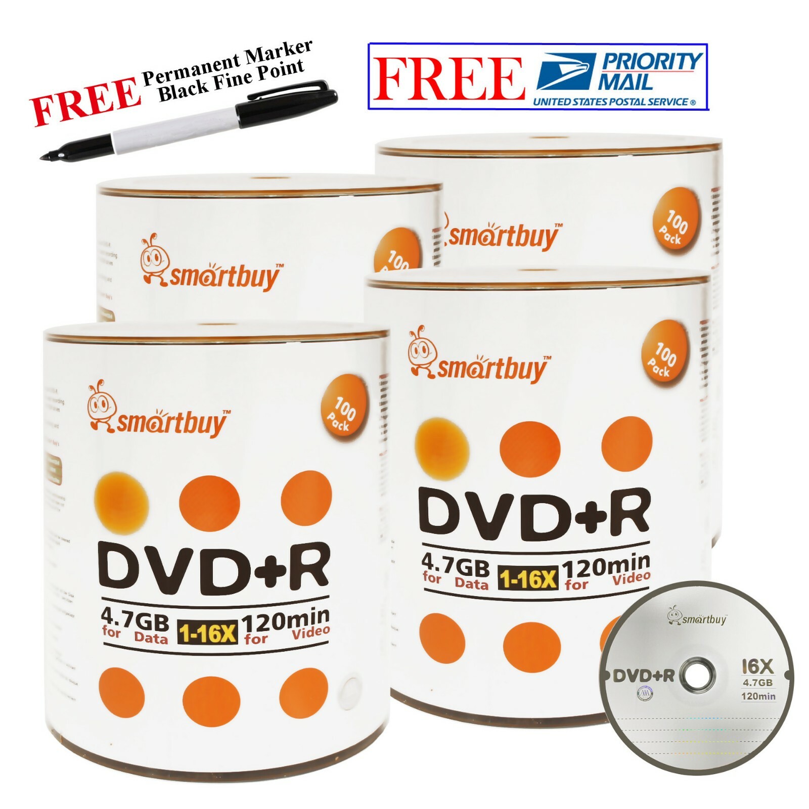 400 Pack Smartbuy 16X DVD+R 4.7GB Logo Top Blank Disc + Black Permanent Marker