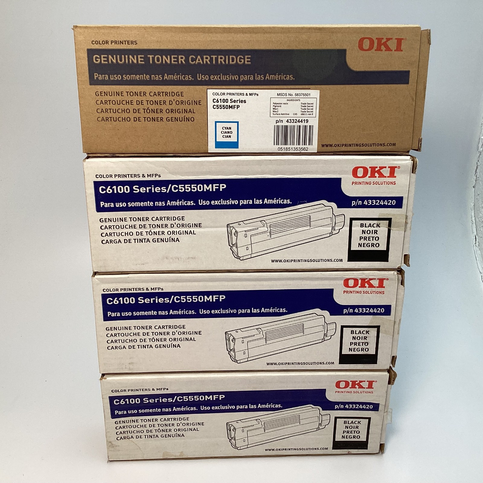 OKI C6100 Series C5550MFP Toner Cartridges - 3 Black 43324420 1 Cyan 43324419