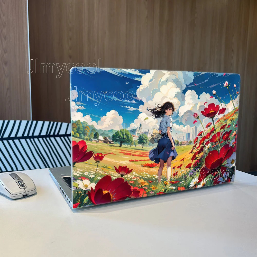 2 Pieces Blue Sky White Clouds Tulips Girl Laptop Sticker Self-adhesive Case