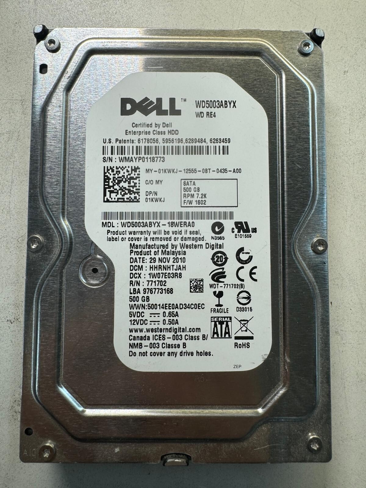 DELL 1KWKJ WD5003ABYX-18WERA0 771702 500GB 7.2K RPM  3Gb/s SATA 3.5" HDD