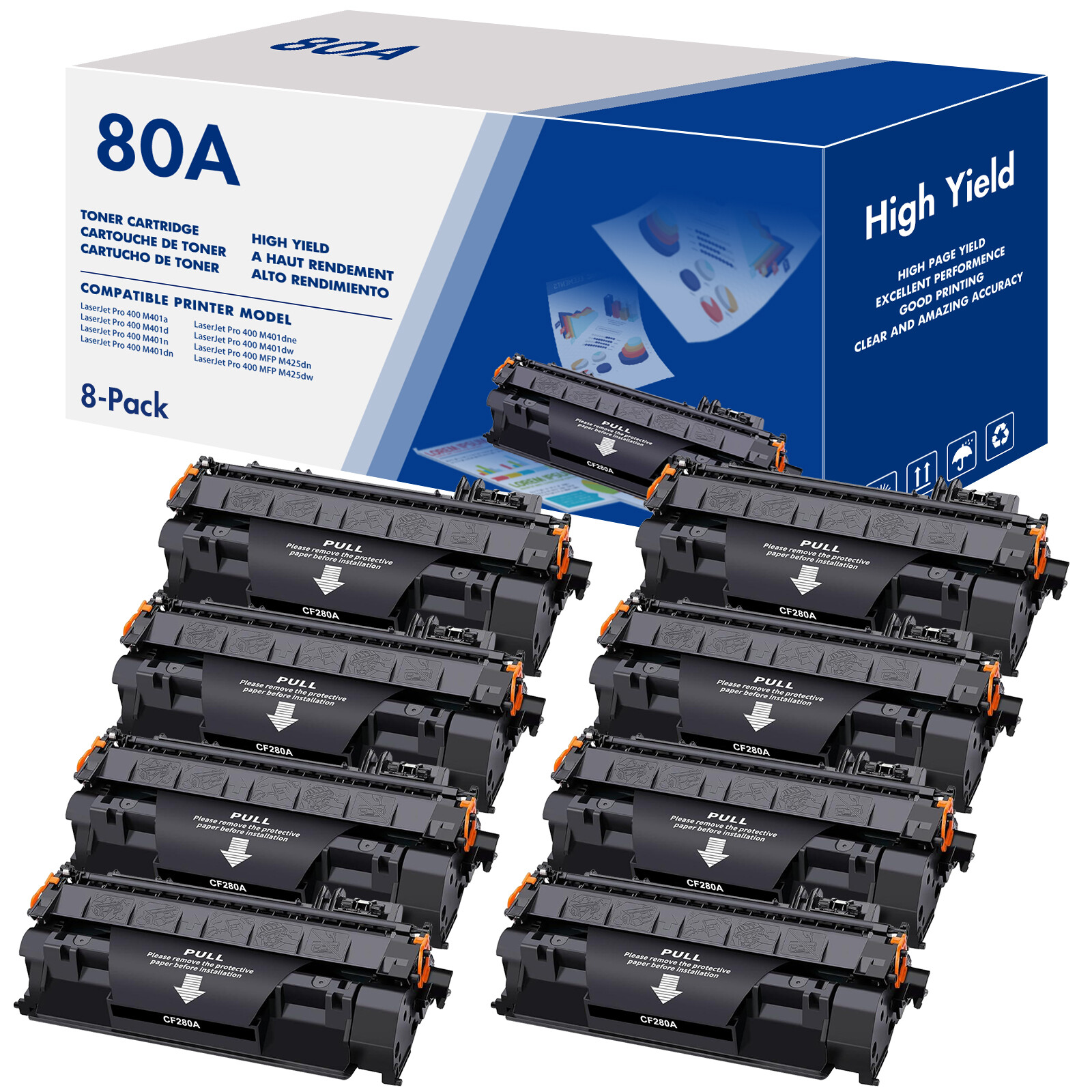 8x CF280A Black Toner Cartridge For HP 80A LaserJet Pro 400 M401n M401dne M425dw