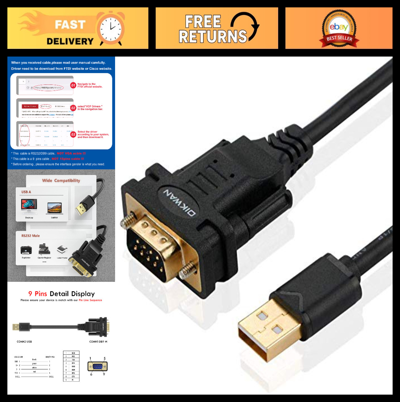 USB to RS232 Serial Adapter, FTDI Chip, 6ft USB 2.0 to DB9 Cable for Windows & M