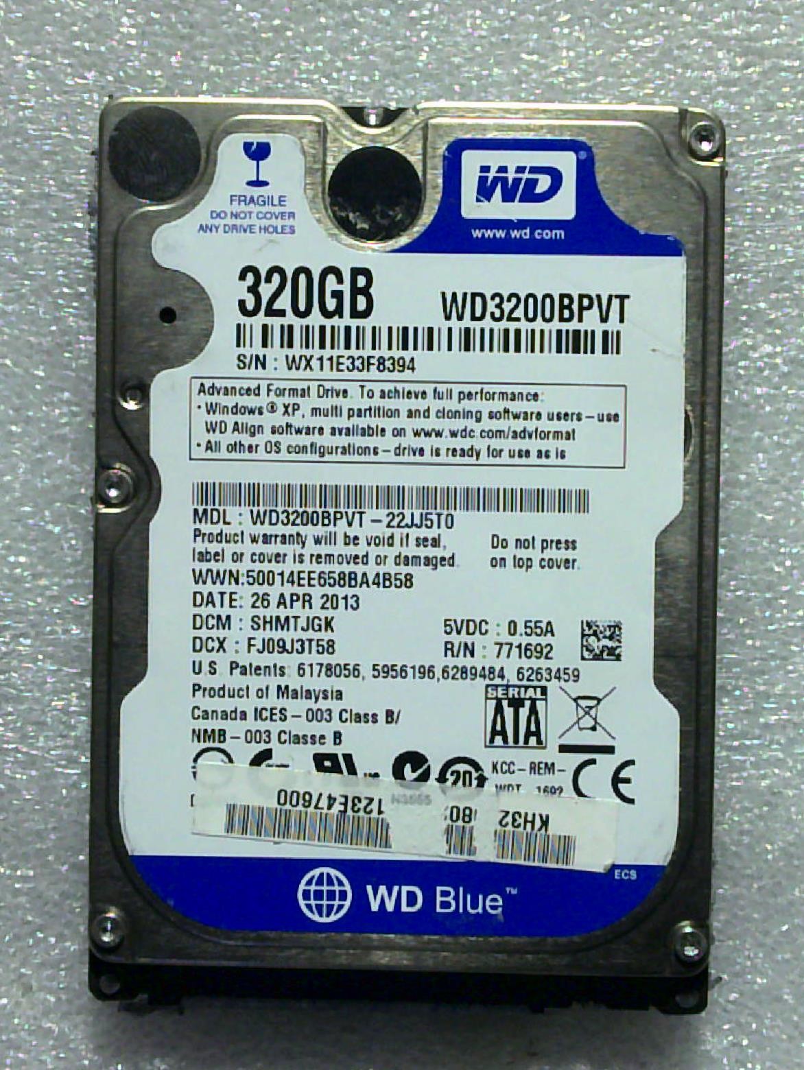 Western Digital Marvell - WD3200BPVT-22JJ5T0 - 320GB - SHMTJGK - 65.71K - SN: WX