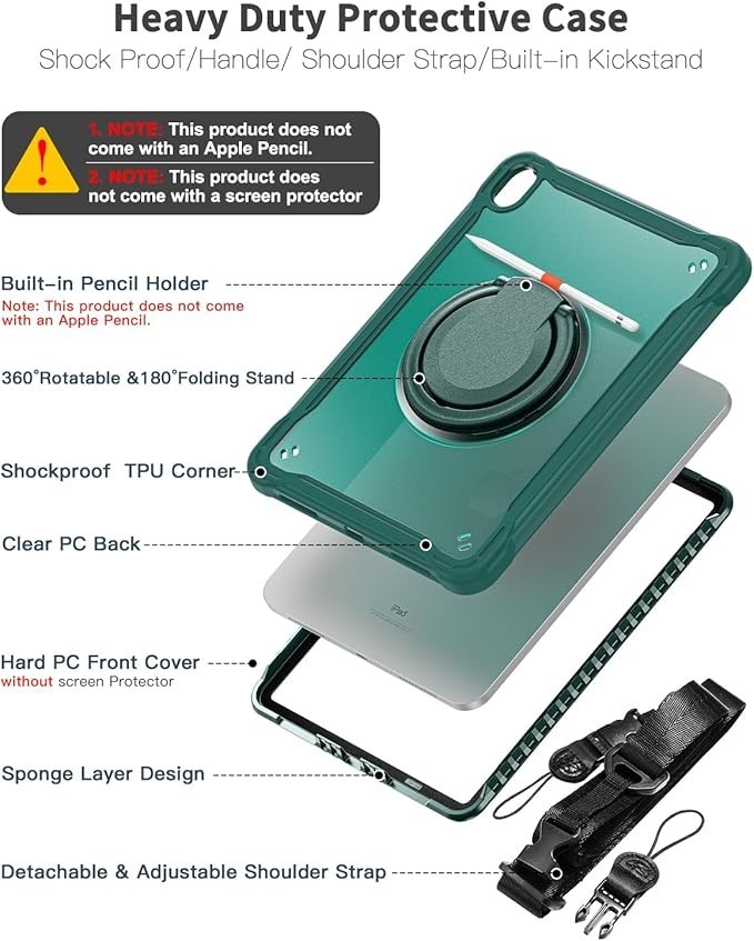 Drop And Shock Proof Case For Tablet Dark Green w/ Stand/Hook Strap for iPad