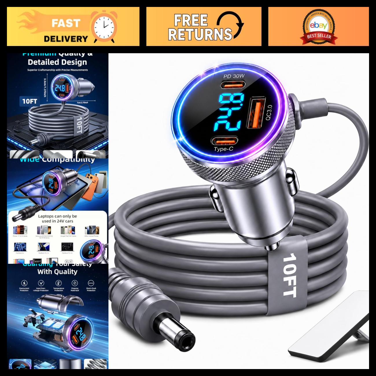 4-in-1 Mini Car Adapter & 10FT Power Cable for Starlink Satellite Internet