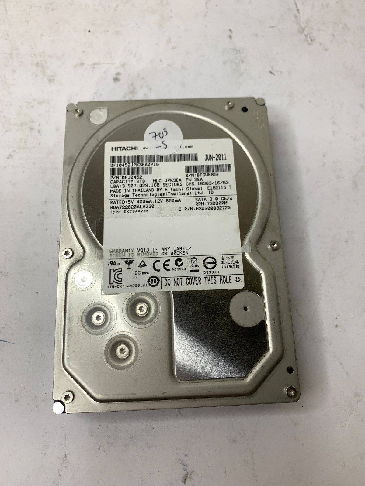 Hitachi Ultrastar A7K2000 2TB 7200RPM 32MB SATA HDD (HUA722020ALA330) - 100%
