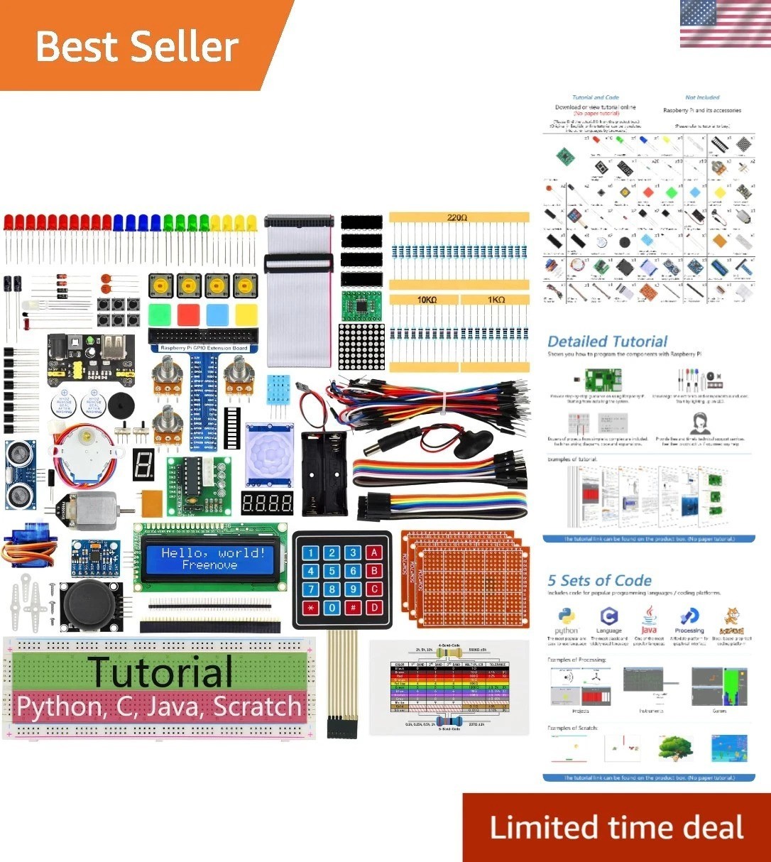 All-in-One Raspberry Pi Starter Kit: Supports 5 Coding Languages & 223 Parts