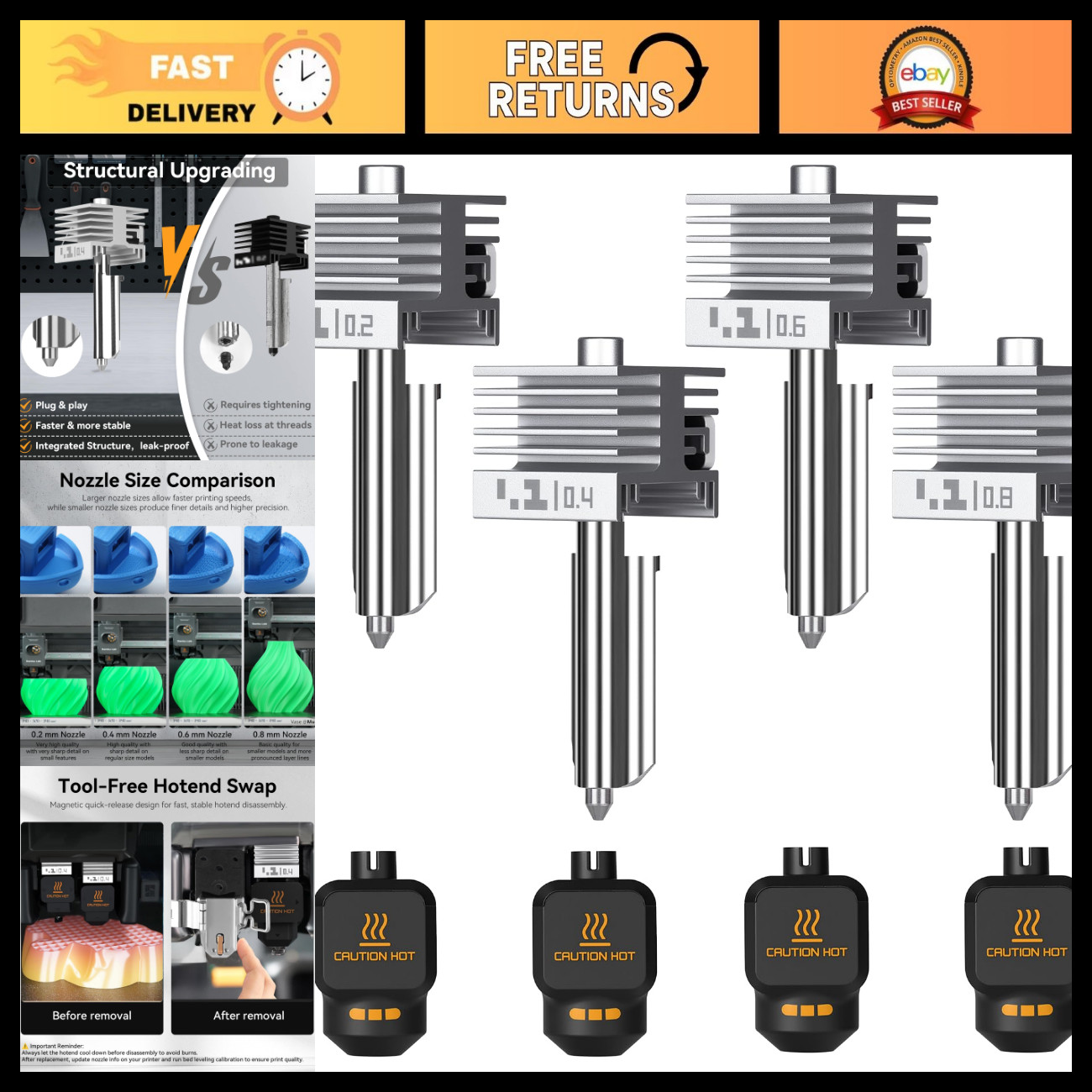 4PCS Mini Integrated Hotend Nozzles 0.2/0.4/0.6/0.8MM for 3D Printers X2D P2S H2