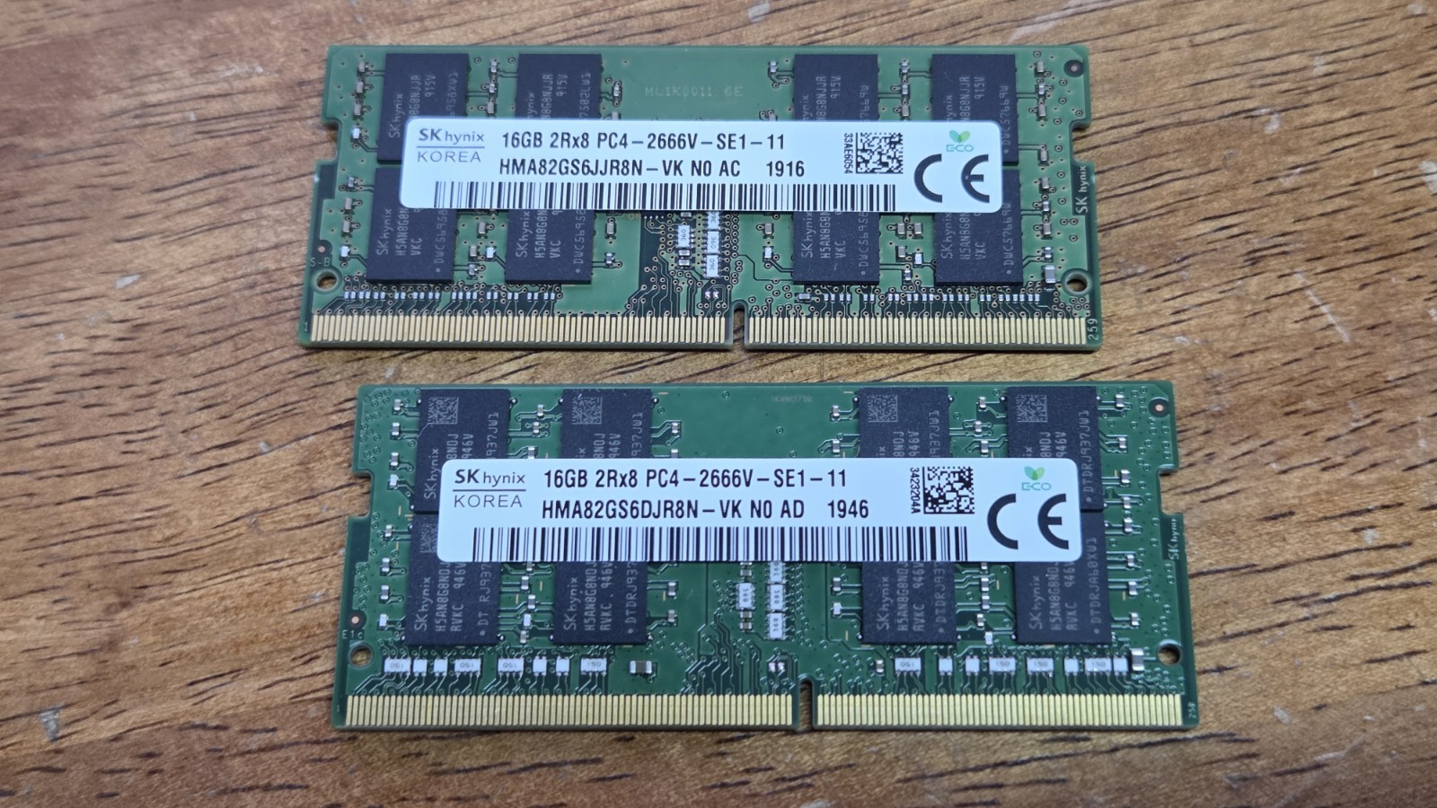 LOT OF 2 SK Hynix HMA82GS6JJR8N-VK HYNIX 16GB SODIMM MEMORY MODULE PC4-2666V