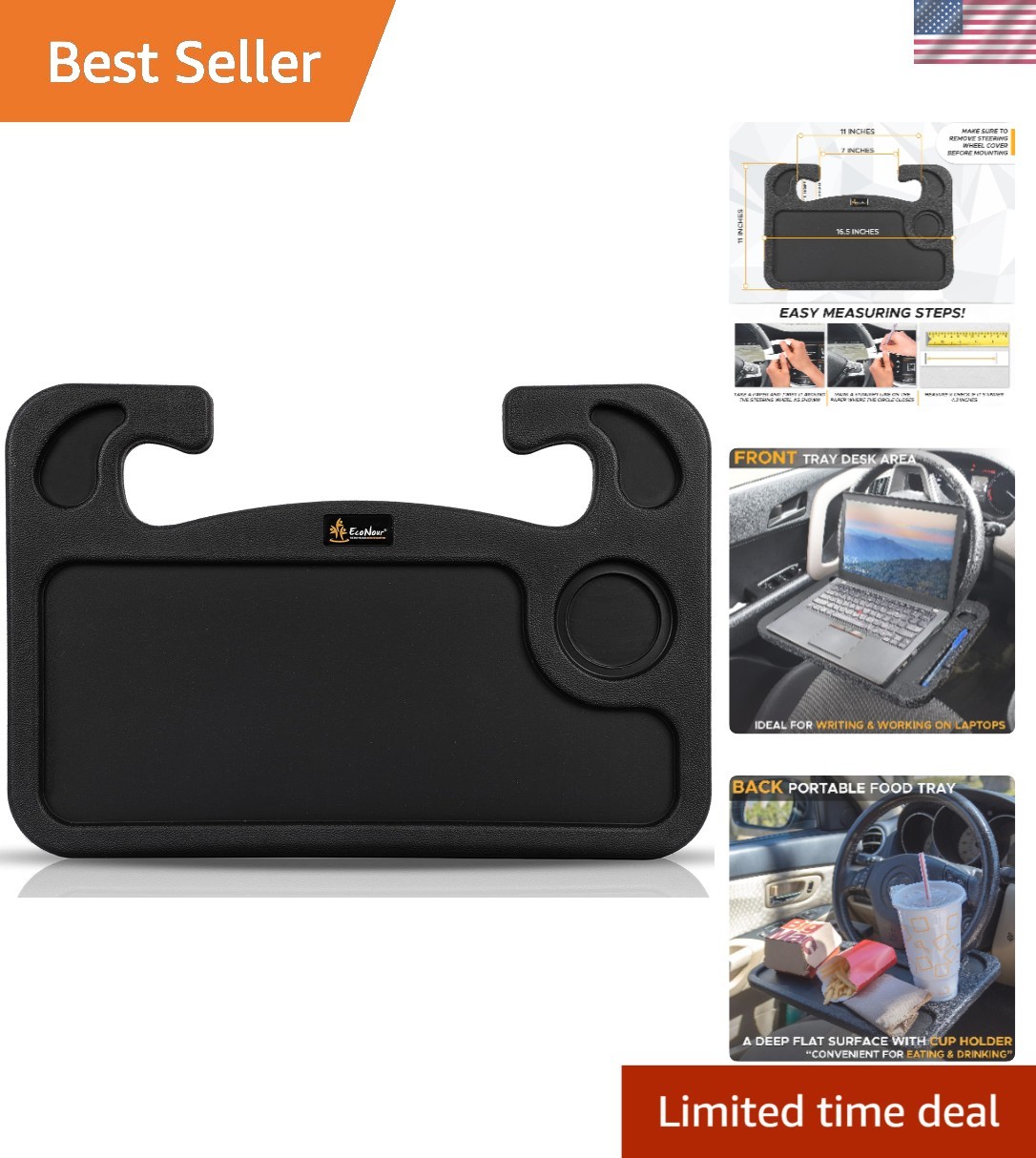 Sleek Black Car Steering Wheel Desk - Multi-Purpose Travel Tray with Cup Holder