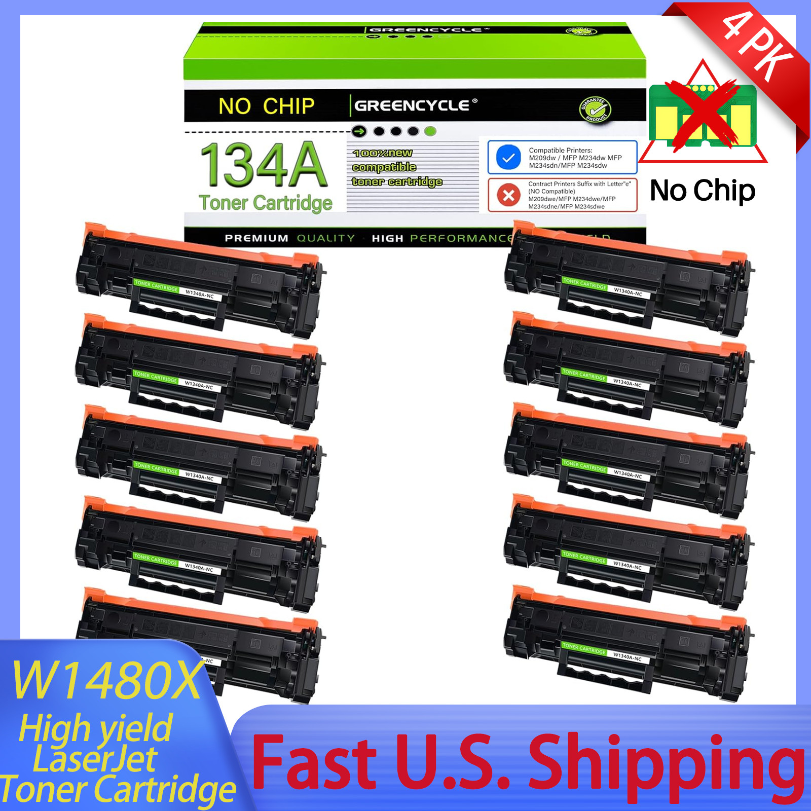 10x [No Chip] 134A W1340A Toner Cartridges For HP use vwith Laserjet MFP M234sdn