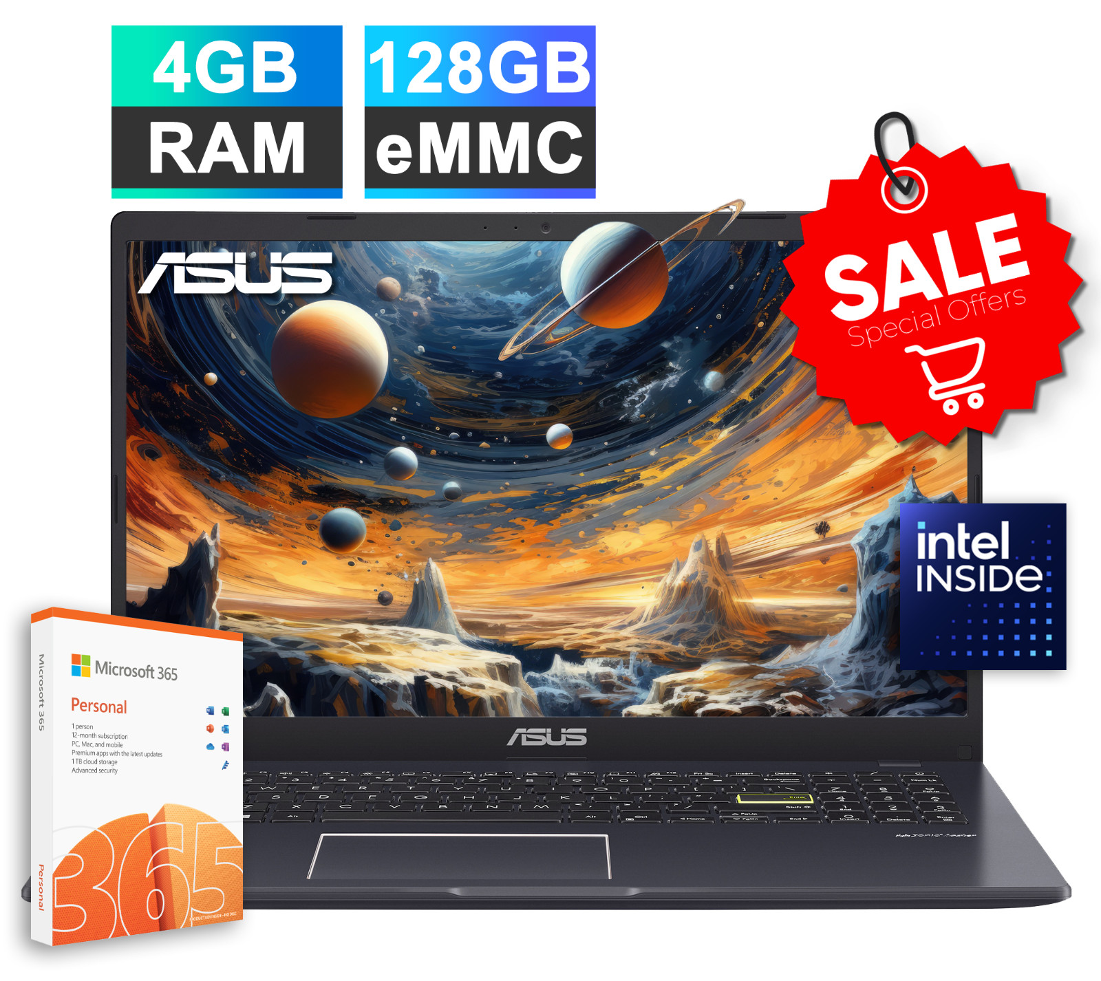 ASUS 15.6" FHD Laptop Intel Silver N5030 4GB RAM&128GB Storage 1-Y Microsoft 365