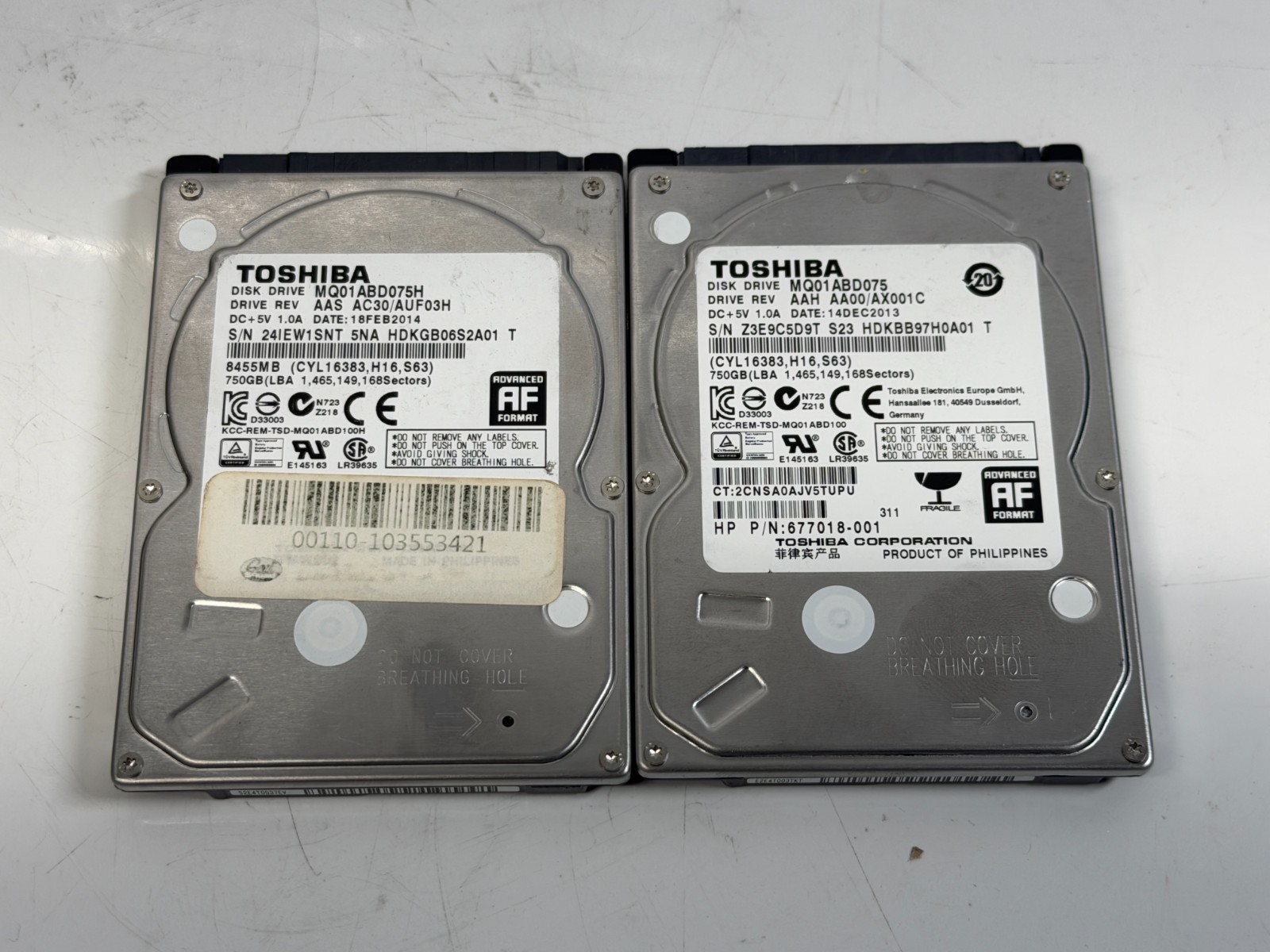 Lot of 2 Toshiba MQ01ABD075 750GB 5400RPM Laptop 2.5" SATA Hard Drive