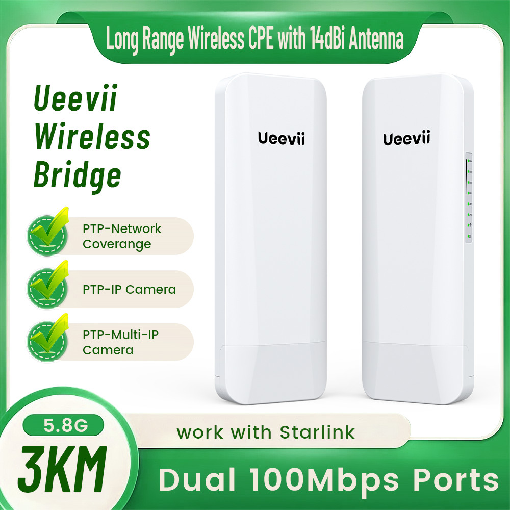 Ueevii Wireless Wifi Bridge 5.8G Outdoor Bridge 3KM 2 Port for Extended Internet