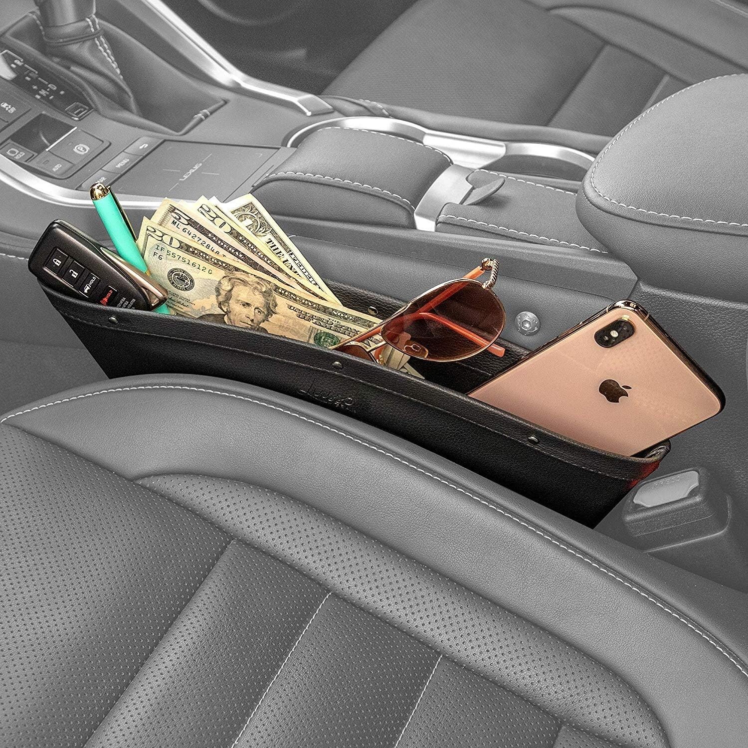 2-Pack Car Seat Gap Organizer - Vegan Leather, Universal Fit, Adjustable BLACK