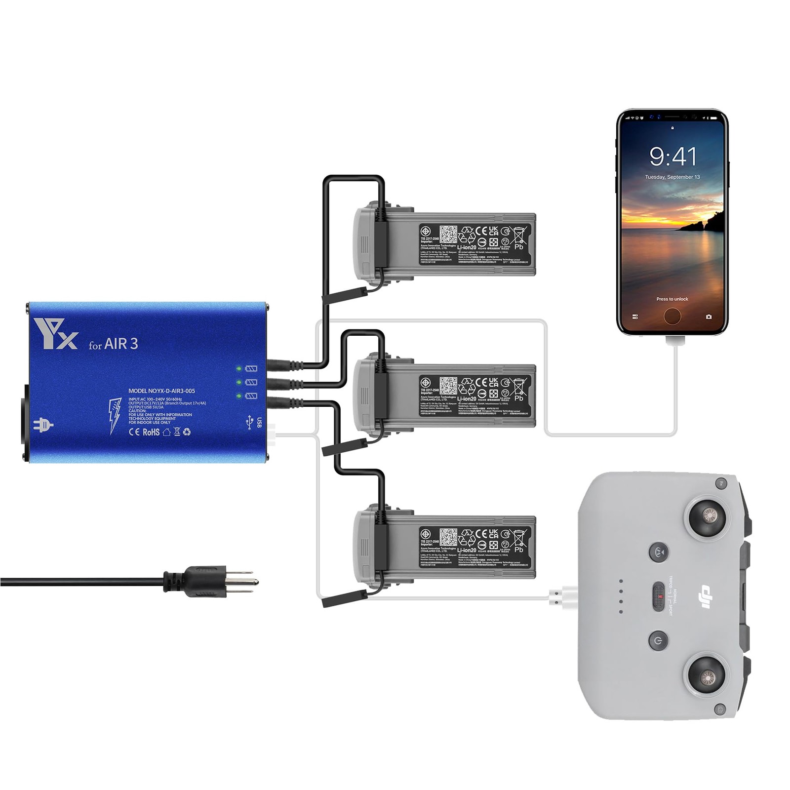 Hanatora Parallel Charger DJI Air 3S,Air 3,Rapid Simultaneous Battery Charging