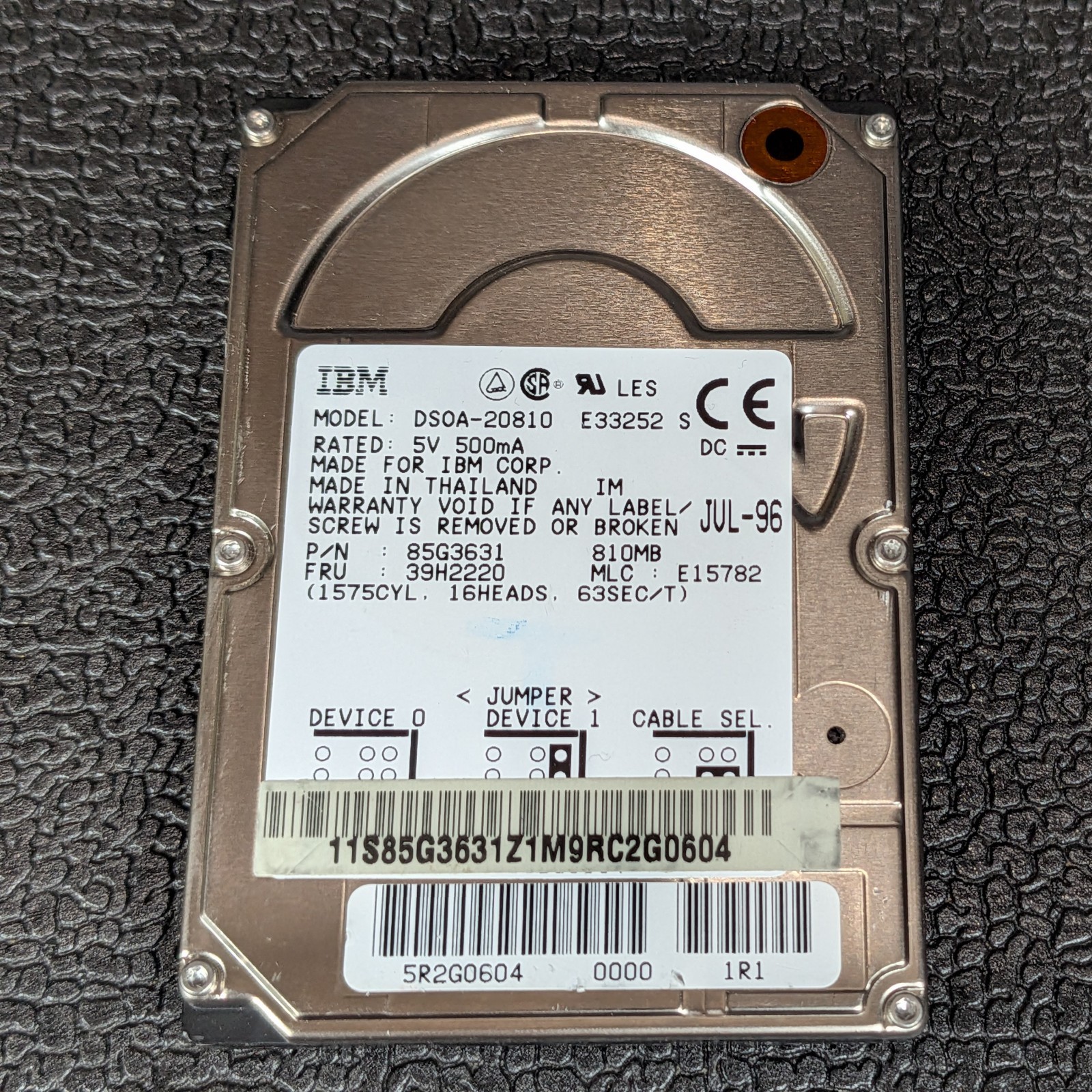 IBM Travelstar 2LP 812.8MB 2.5" IDE Hard Drive - DSOA-20810 - VTG - TESTED