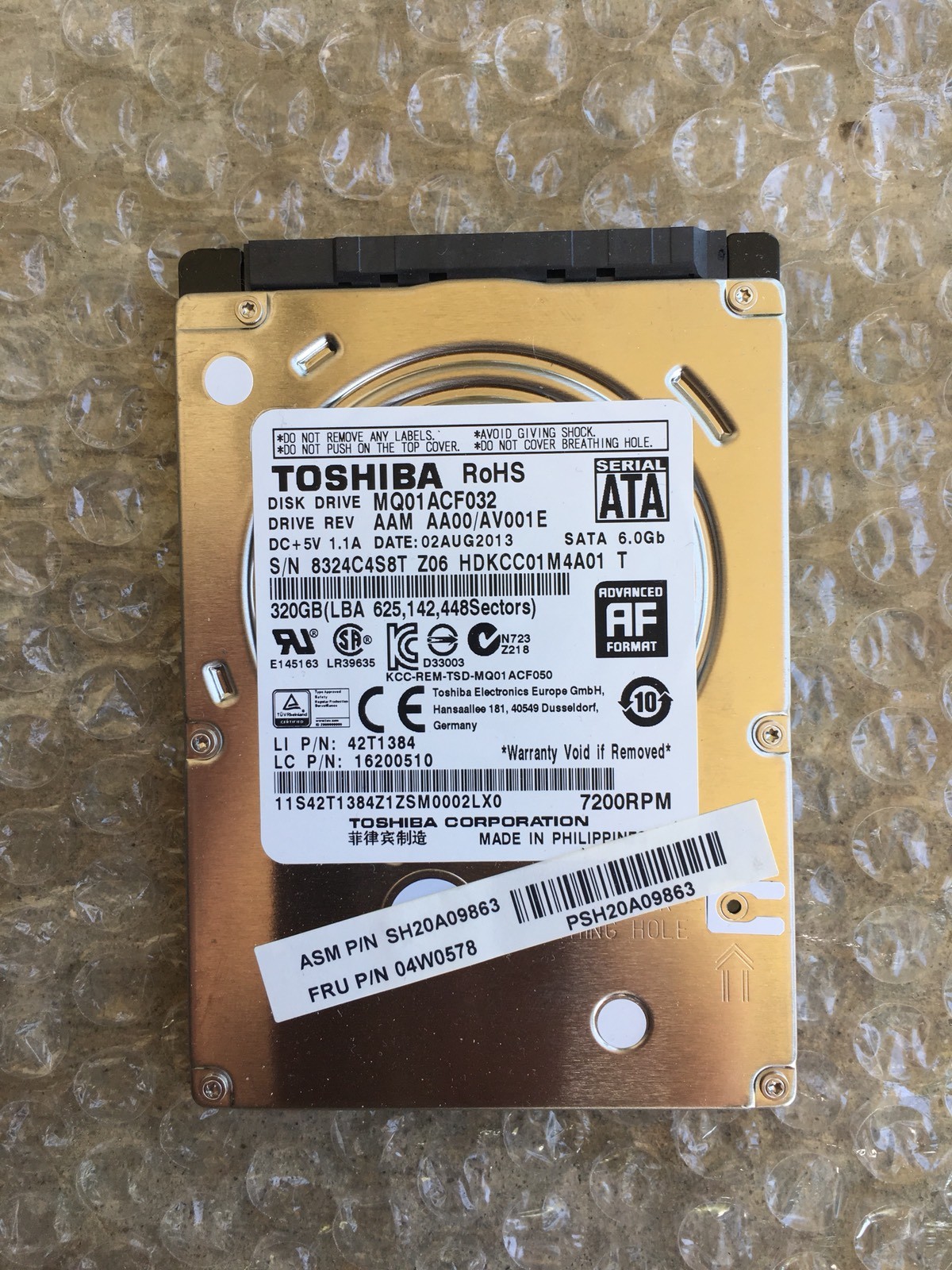 Toshiba 320 GB SATA 2.5” Laptop HDD 7200 RPM