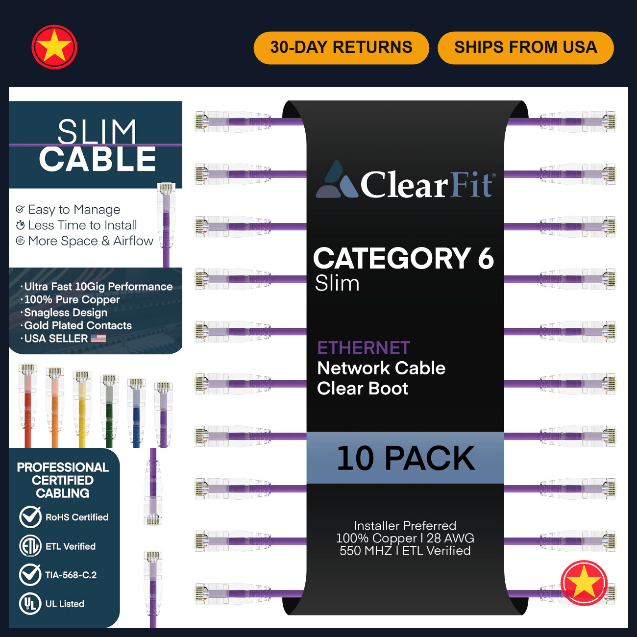 10-Pack Slim Cat6 Ethernet Cable 3ft Purple 28AWG High-Speed LAN Patch Cord