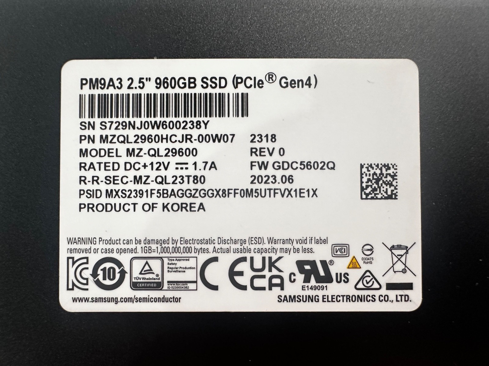 Samsung PM9A3 960GB U.2 PCIE GEN4 NVMe SSD Drive MZ-QL296000 GEN4 PCIE NEW✅❤️️✅