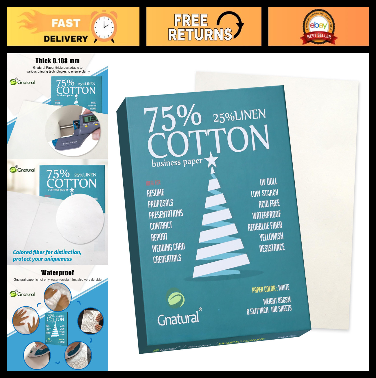 75% Cotton 25% Linen Inkjet Printer Paper, 85gsm, 8.5"x11", Waterproof, 100 Shee