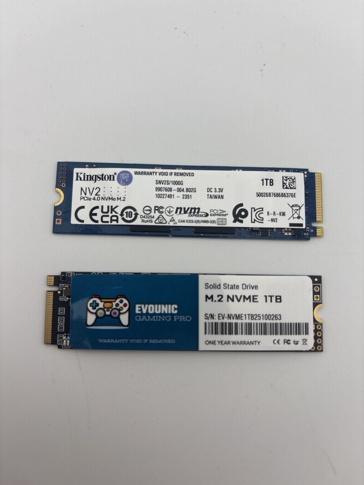 Lot of 2 1TB M.2 NVMe SSDs Kingston NV2 SNV2S/1000G + EVOUNIC Gaming Pro