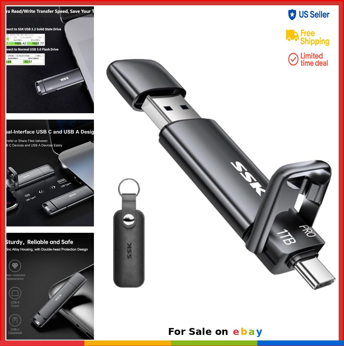 USB SSD Flash Drive 1TB 1000MB/s USB 3.2 Dual Type C and A Zinc Alloy for Phone
