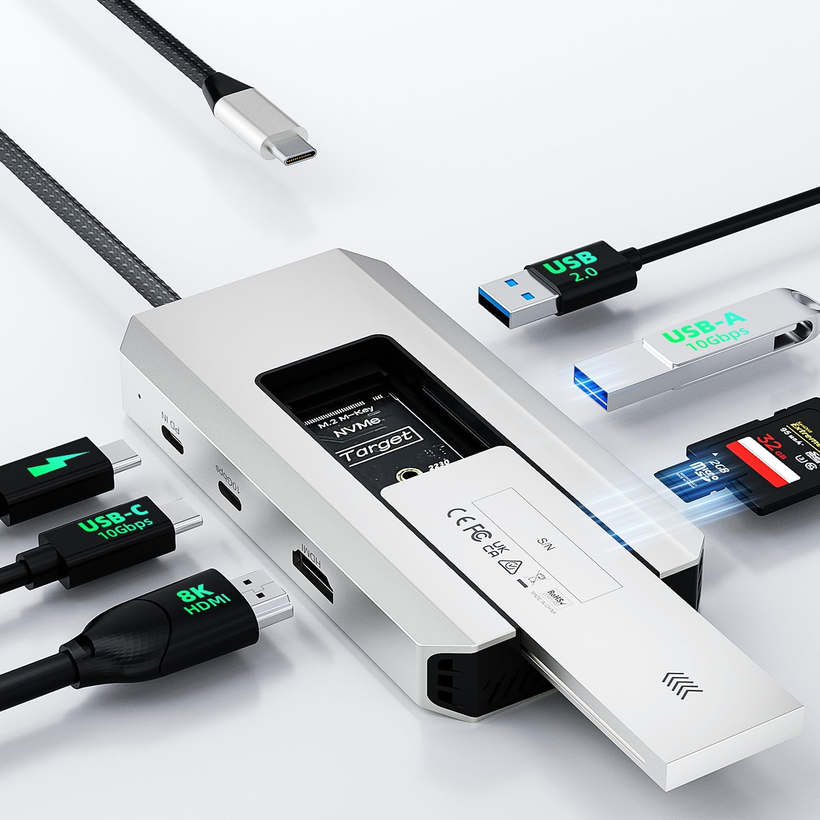 Minthouz USB C Docking Station,with M.2 NVMe SATA SSD Enclosure Silver