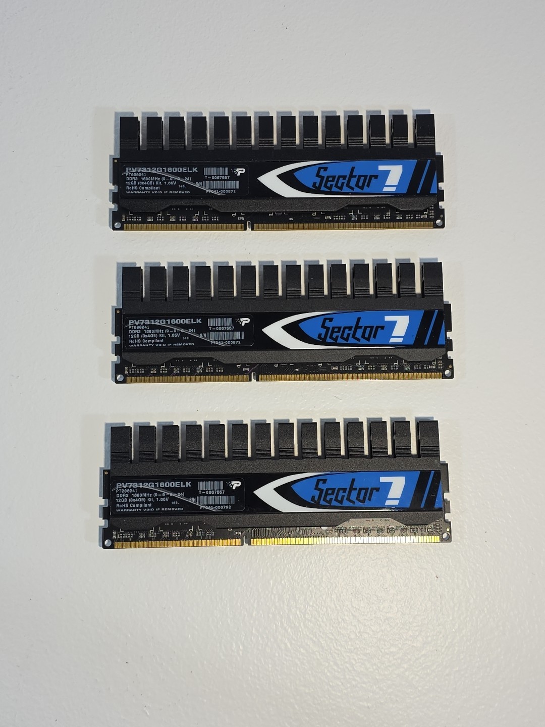 Patriot Sector 7 12GB (3x4GB) DDR3 1600MHz PV7312G1600ELK RAM (Lot Of 3)