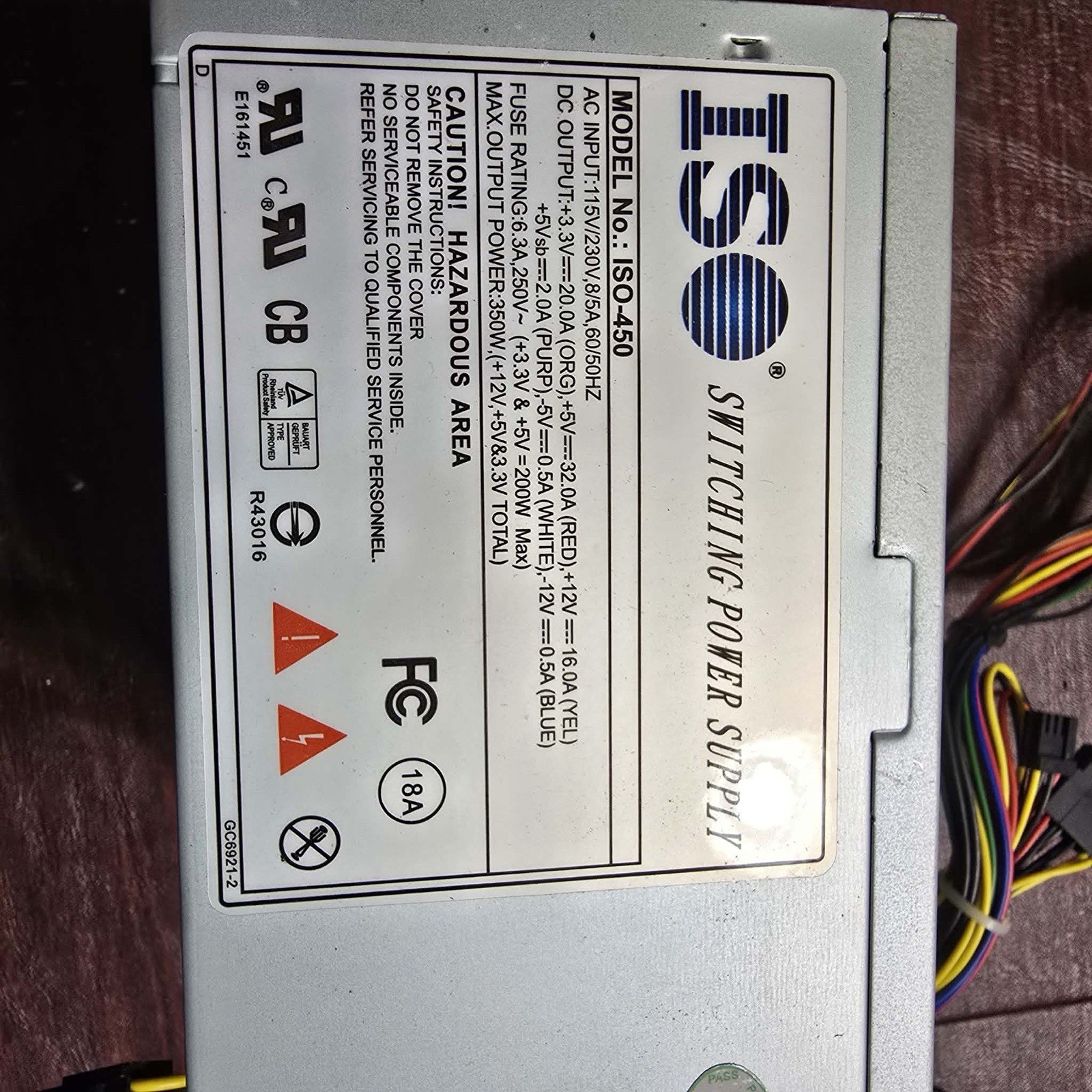 ISO-450 ATX Computer Power Supply 350W, 5V 32A, 12V 16A - Tested Good