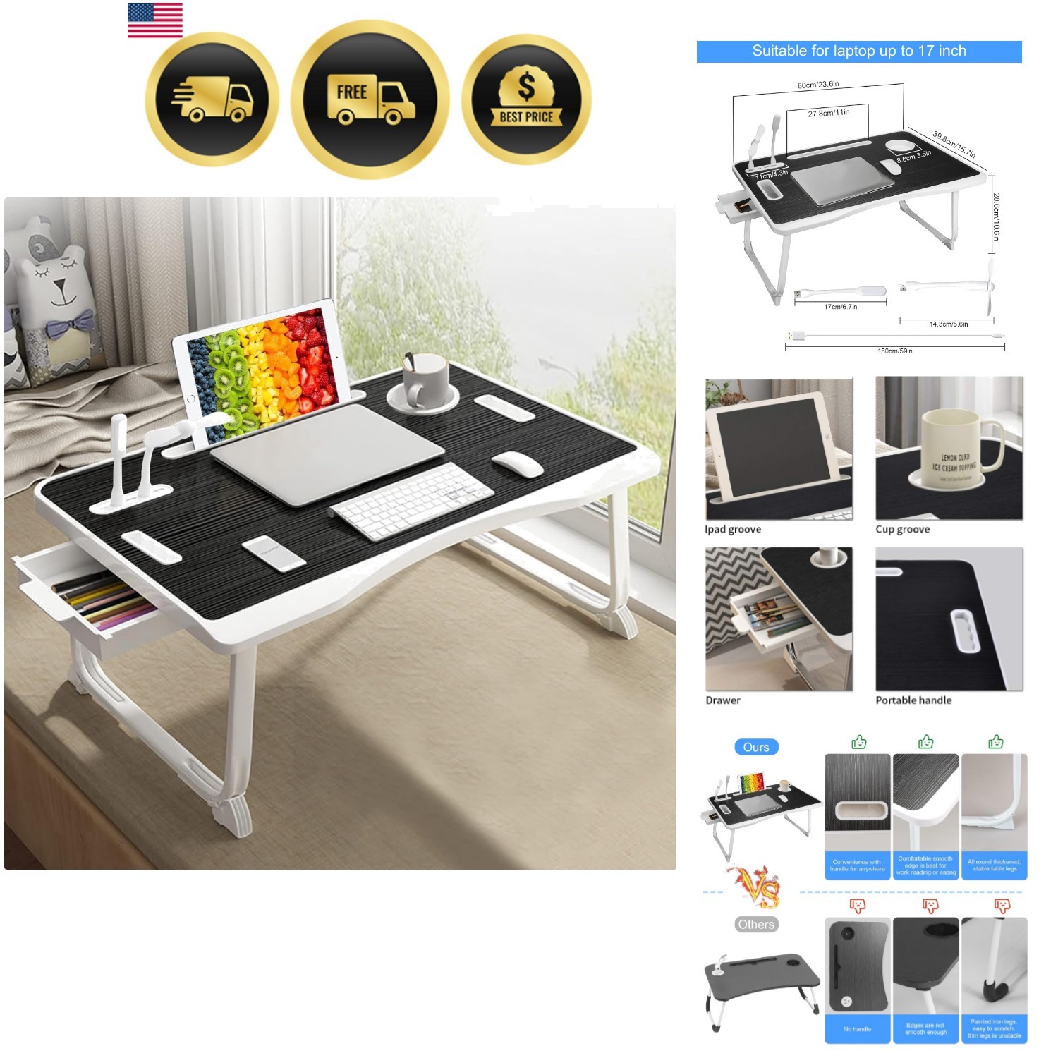 Laptop Bed Table, Laptop Desk for Bed, Foldable Laptop Bed Desk with USB Char...