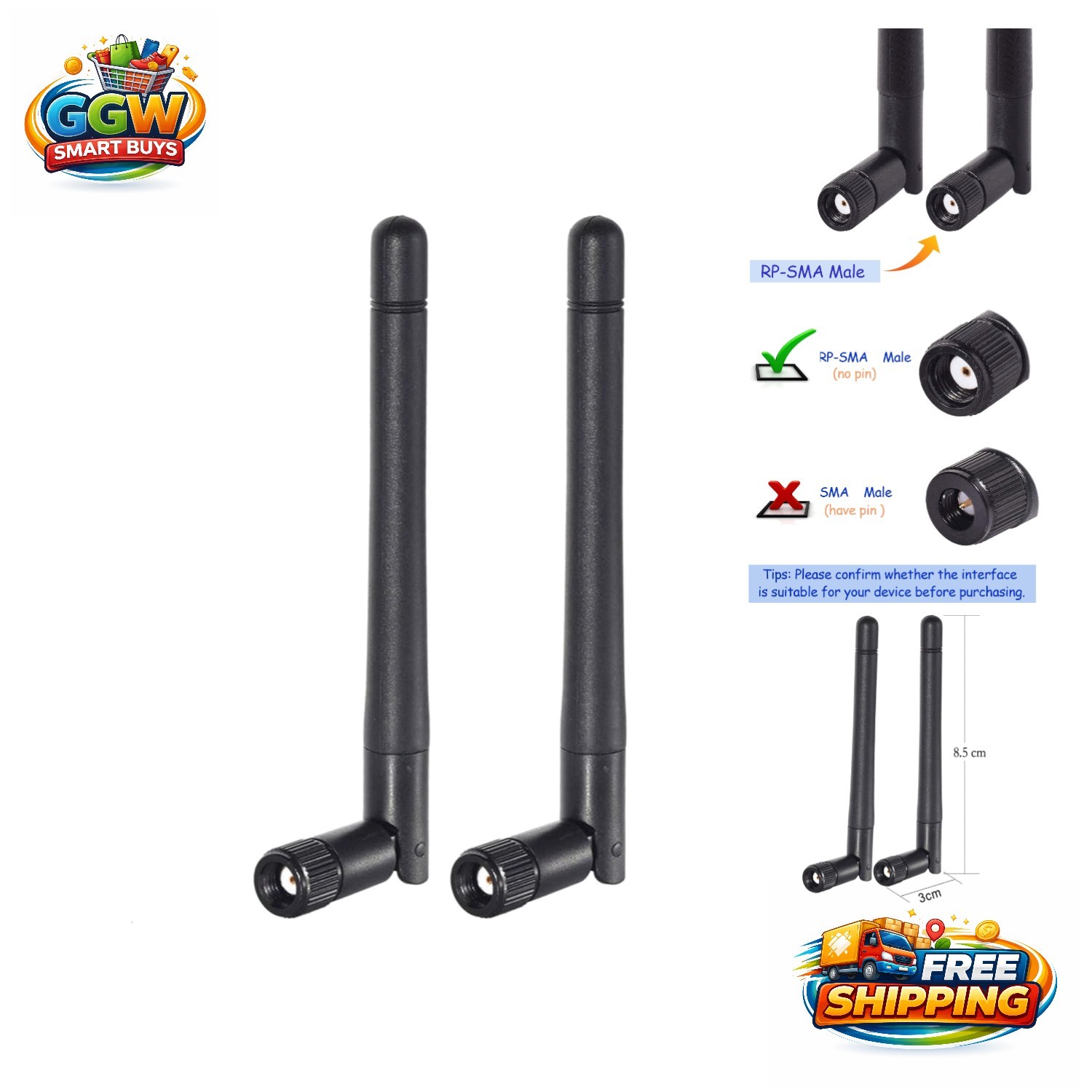 Upgrade Your Signal: 3dBi Omni-Directional RP-SMA Male WiFi Antenna 2-Pack