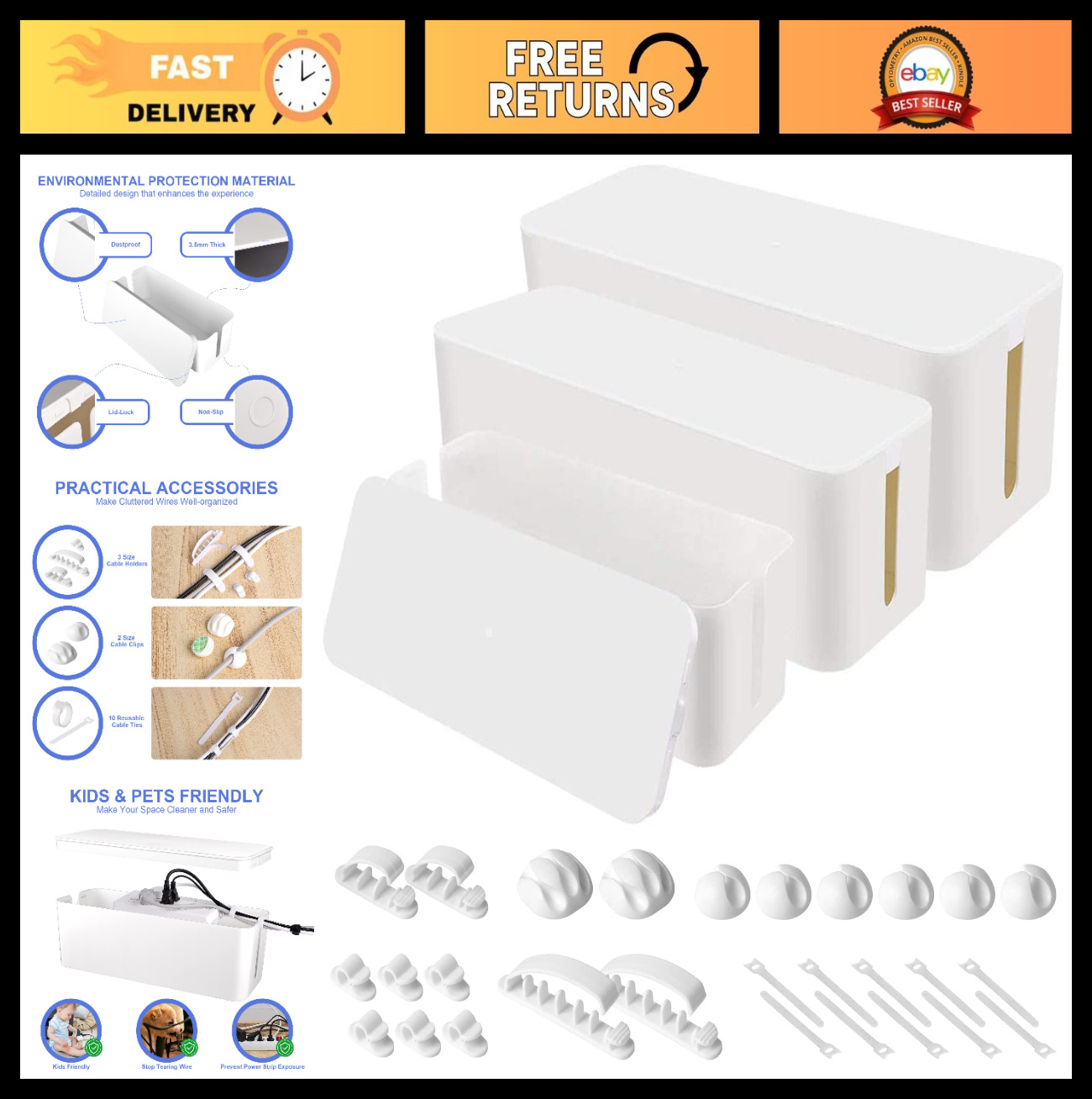 3-Pack Cable Organizer Box, Surge Protector Management, Tangle-Free Storage Solu