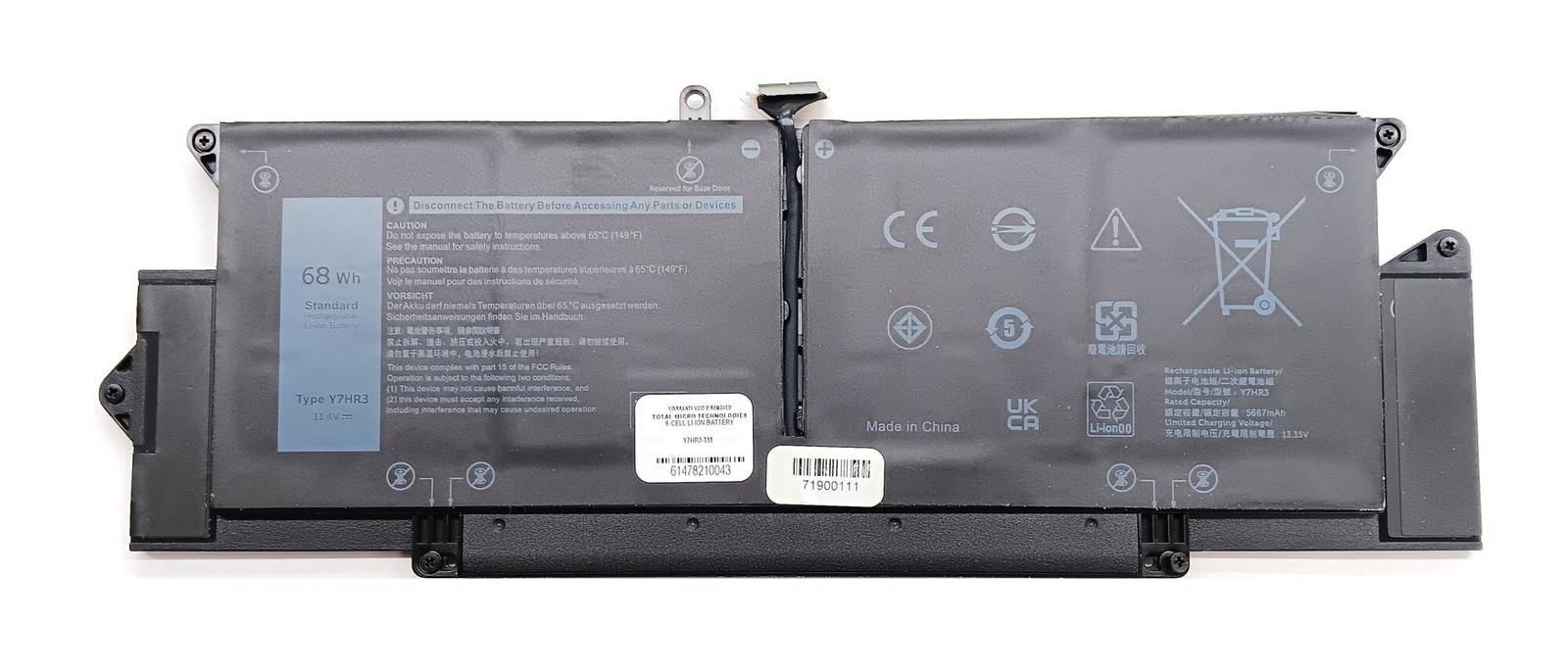 Battery Total Micro Y7HR3-TM 6-cell Battery - 68 Watt-hours -11.4 Volts -