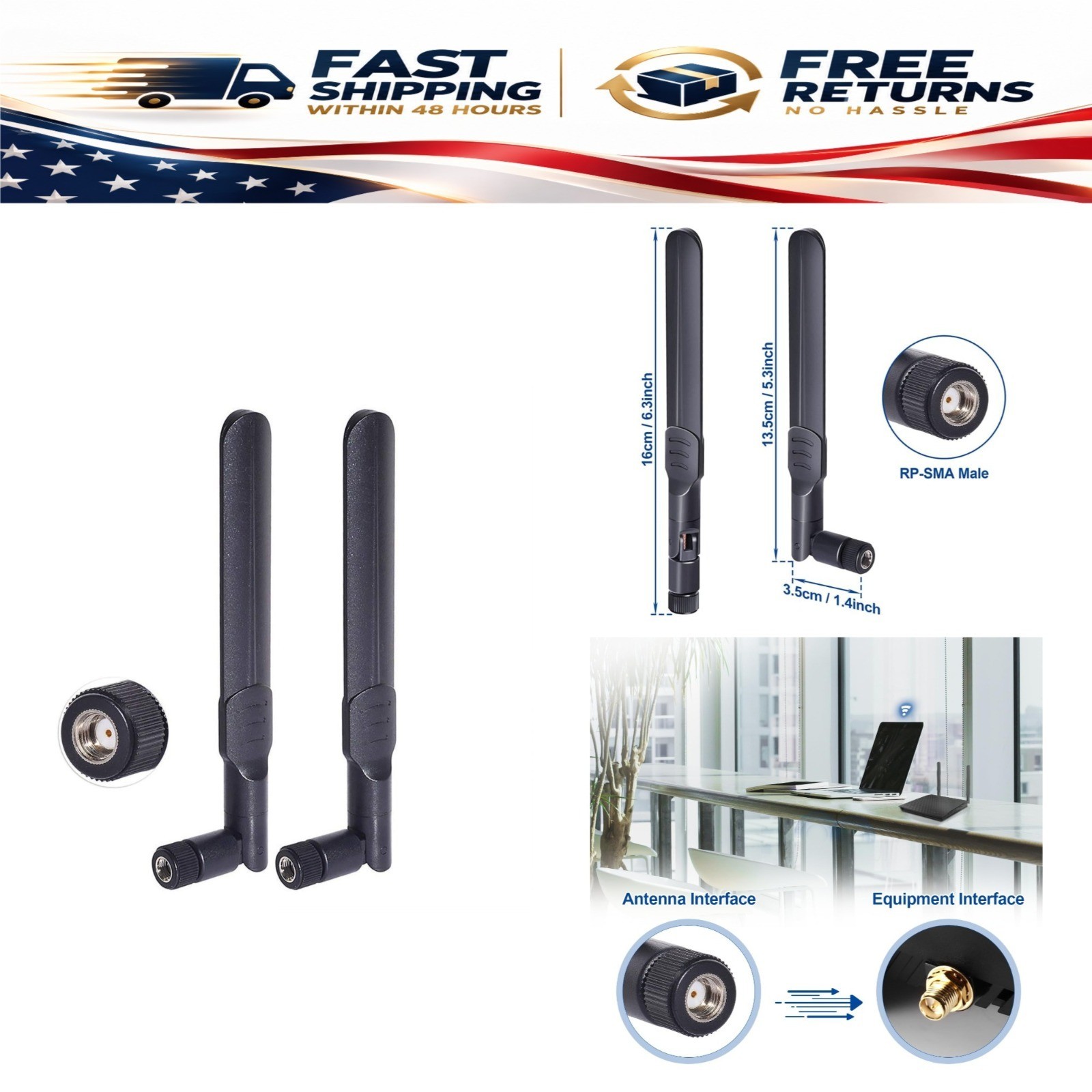 Bingfu Dual Band WiFi Antenna 2.4GHz 5GHz 8dBi RP-SMA Male 2-Pack for Router